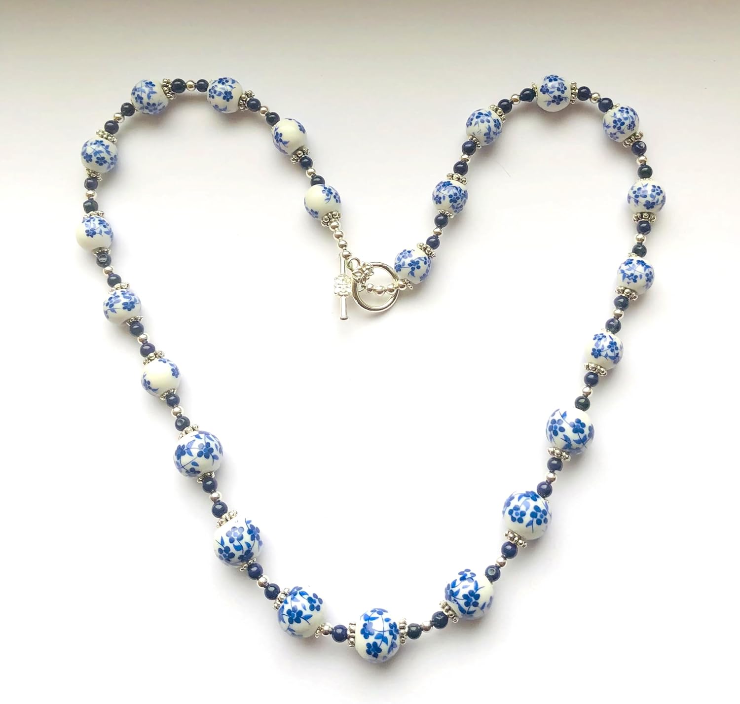 Blue and White Ceramic Porcelain, Royal Blue Jade Beads Necklace Delft Holland Beads Silver/or Golden Toggle Clasp