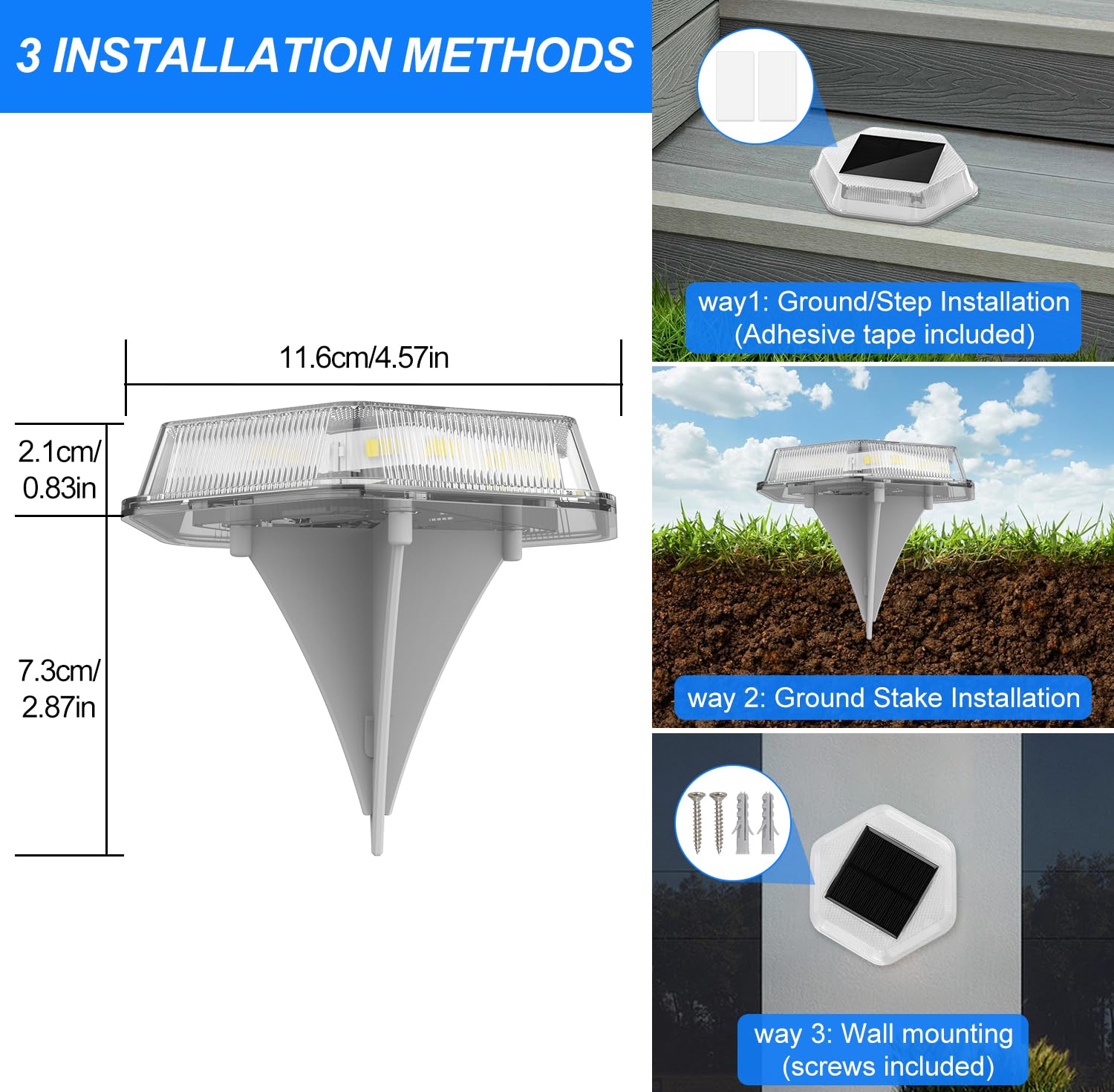 Lot de 4 lampes solaires pour terrasse, escaliers, étanches, 1200 mAh, allumage automatique (bleu)