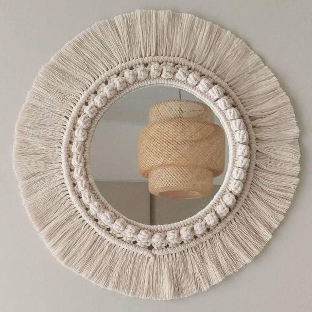 ACN Kohinoor | Beautiful Macrame Wall Hanging Mirror | Handmade Boho Decorative Round aaina with Fringes for Dressing, Make-Up Room, Bedroom & Home Decoration, 16 X 16 Inches, Off-White, 1 Pcs,-image-17