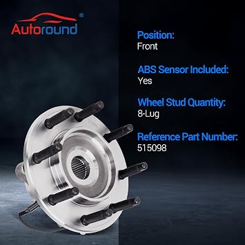 Autoround 515098 Front Wheel Bearing and Hub Assembly Fit for 2007-2013 Chevy Silverado Suburban 2500 3500 HD, GMC Sierra 2500HD 3500HD Yukon XL 2500, Hummer H2, 8 Lug w/ABS