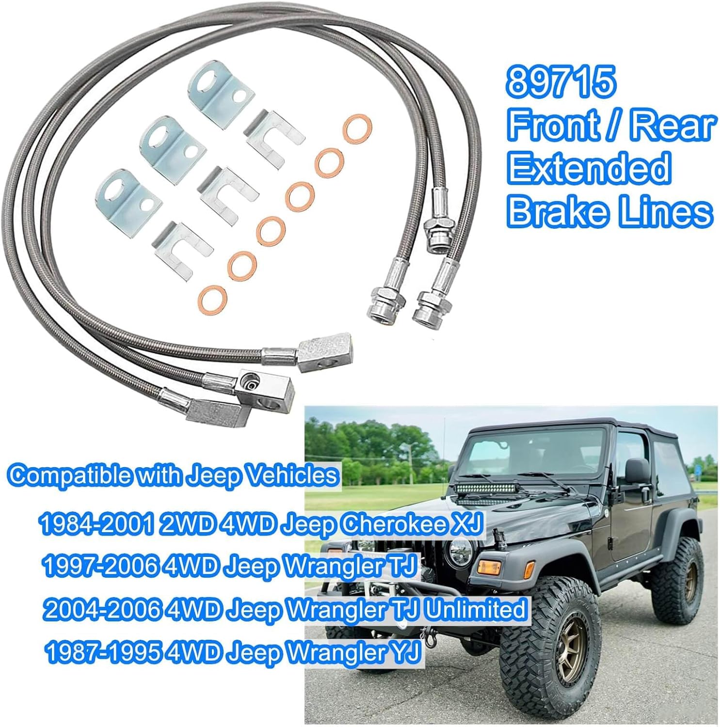 89715 Front/Rear Extended Brake Lines Replacement for Jeep Wrangler TJ YJ 1987-2006 ，For Cherokee XJ 1984-2001, Stainless Brake Line 4-6"