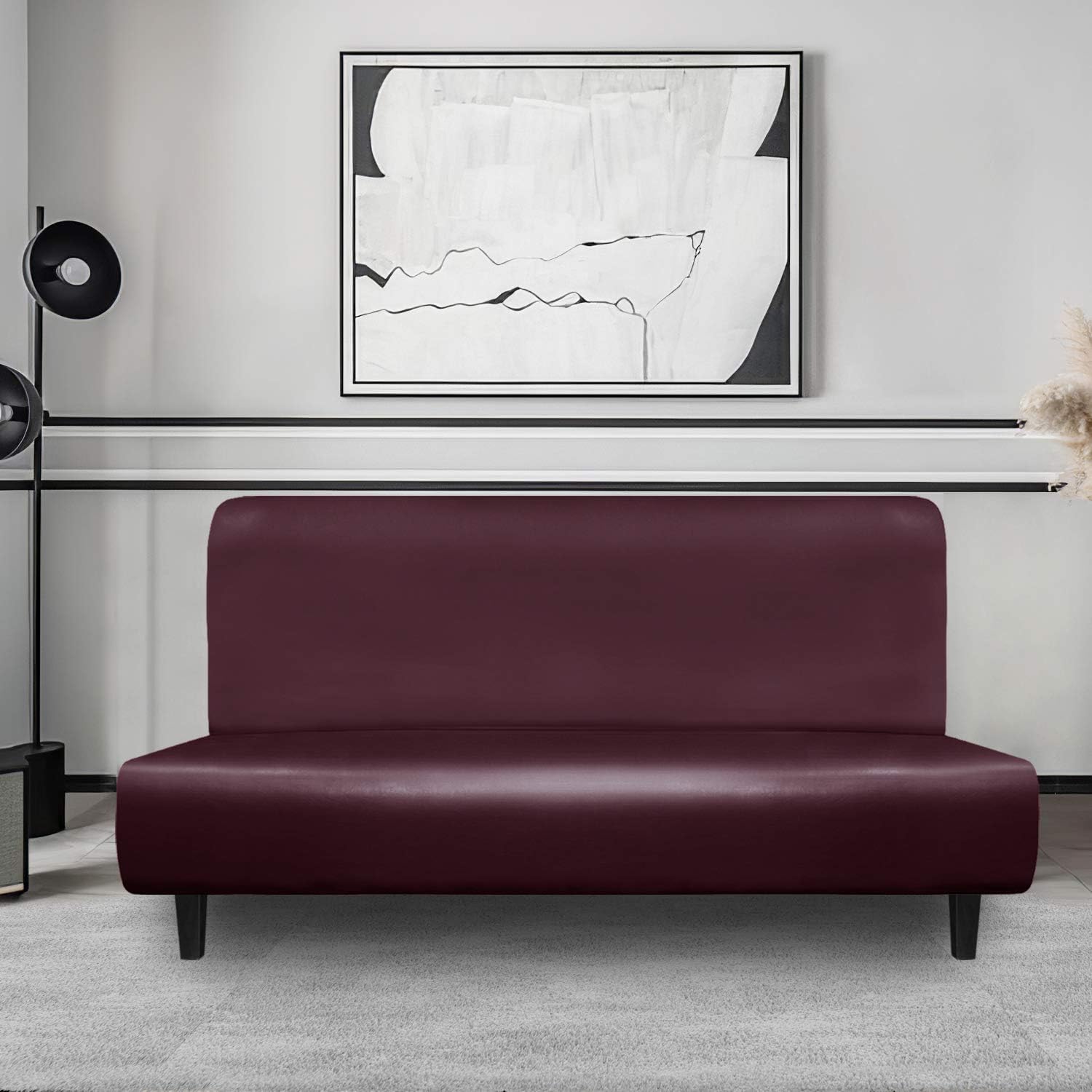 Easy-Going PU Leather Armless Slipcovers Waterproof Stretch Sofa Covers Stretch Furniture Protector Anti-Slip Elastic Strap Shield Pets Kids Children Cats Dogs(Futon,Wine)