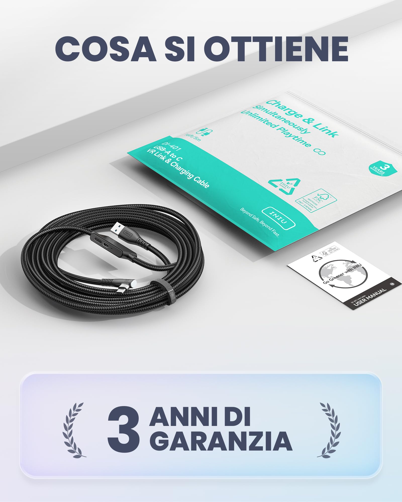 INIU Cavo USB A 3.0 a USB C 5m per Meta Oculus Quest 3 2 1 Pro Pico 4 VR
