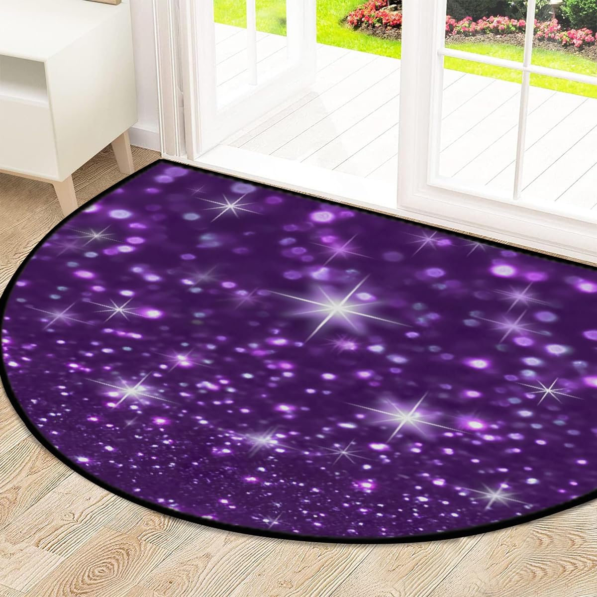 Mexpekil Paillasson demi-rond antidérapant lavable en demi-lune avec motif étoiles et paillettes violettes - 100 x 160 cm