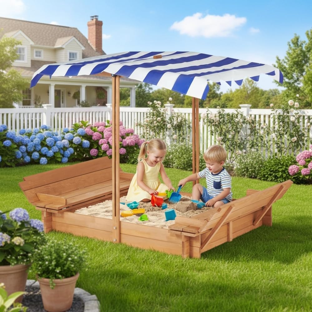 Premium Wooden Outdoor Sand Box with Weather-Resistant Cover and Built-in Seating for Backyard Play Areas (Sandbox with Seat)