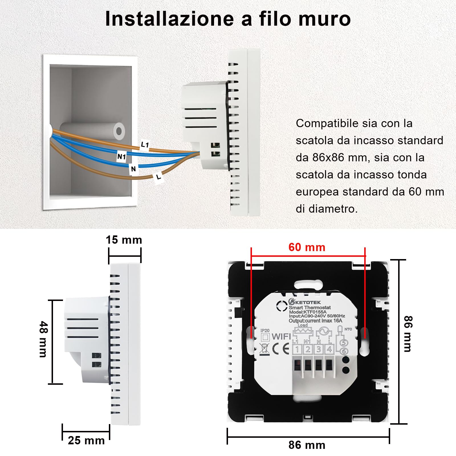 KETOTEK Intelligente Termostato WiFi Riscaldamento a Pavimento Elettrico 16A, Cronotermostato Compatibile con Alexa, Programmabile Termostato Ambiente da Parete Smart Life Tuya App Controllo