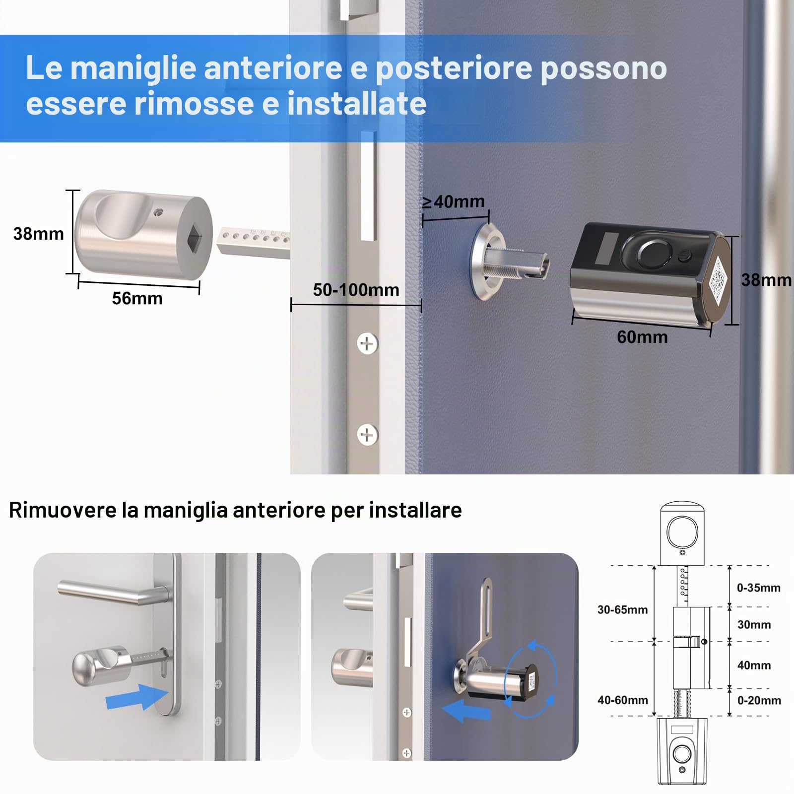 WELOCK Touch63 Serratura Smart serratura Impronta Digitale,Carta RFID,APP | Serratura elettronica WiFi(necessità welock wifibox),serratura porta blindata per porta 50-100mm,Smart Lock IP65,Argento
