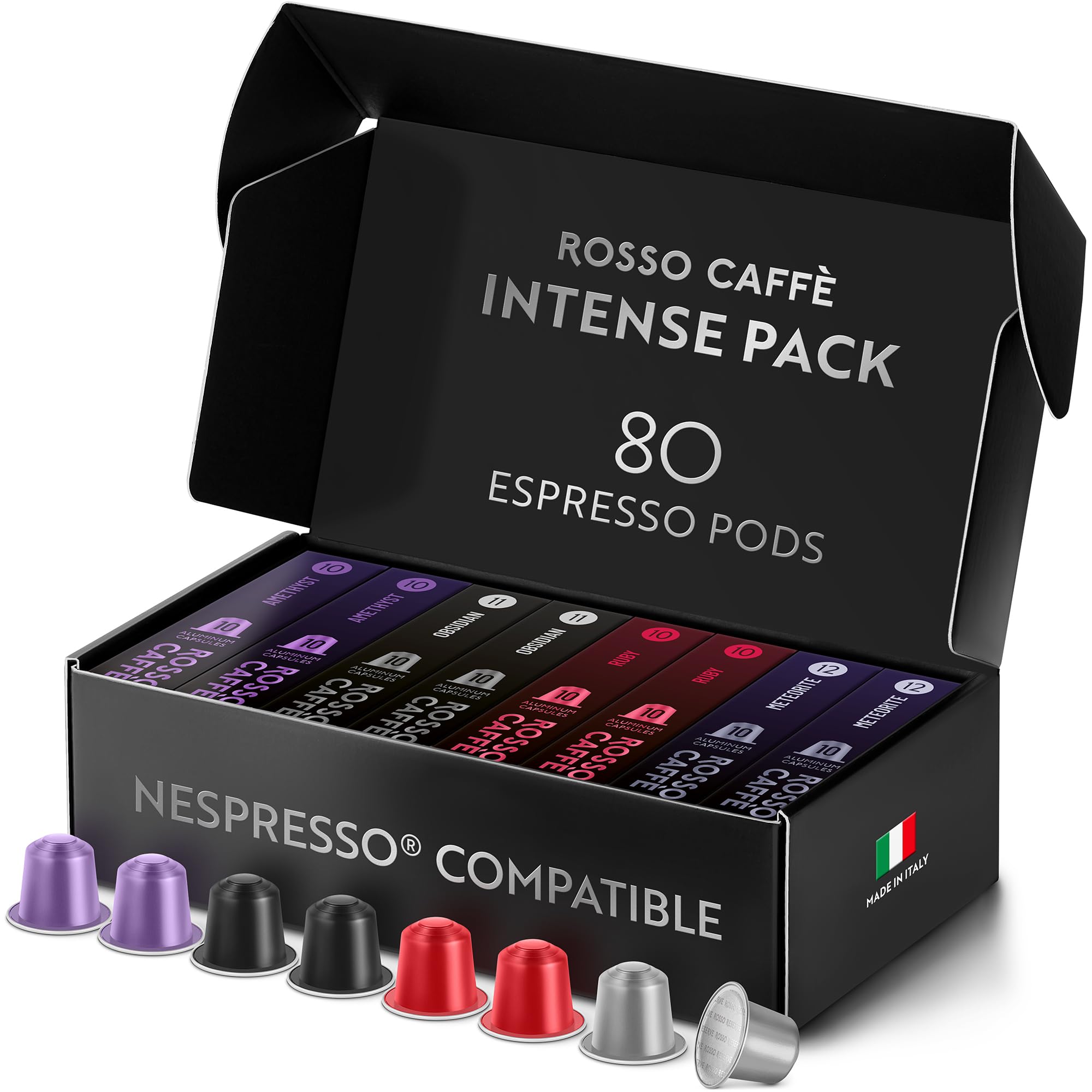 ROSSO CAFF Espresso Coffee Pods for Nespresso Original Machines - 80 Capsules Dark Roast Intense Pack 4 Strong
