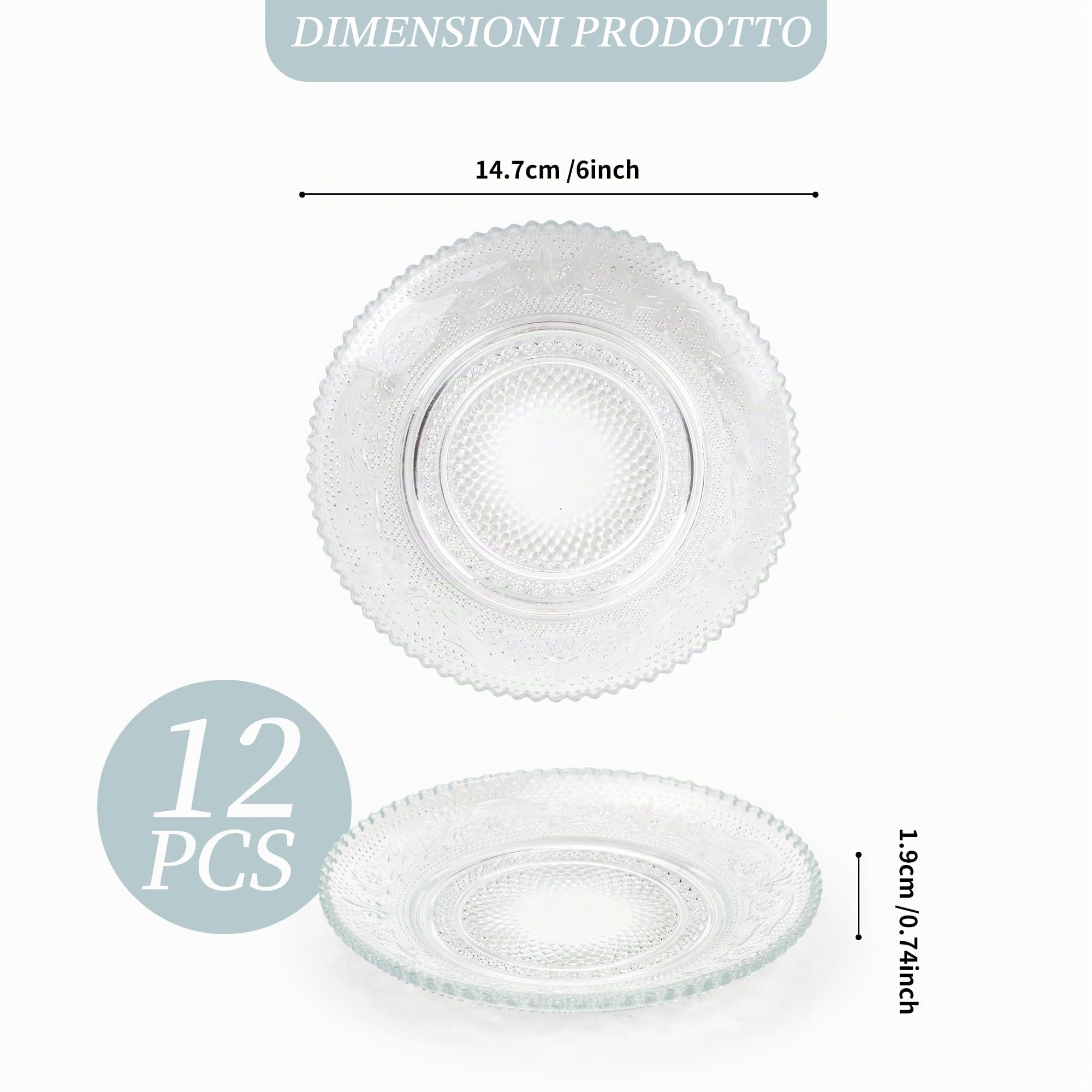 12 piatti da dessert in vetro da 15,2 cm, piatti piani piccoli, riutilizzabili, trasparenti, piatti rotondi per insalata, frutta, snack, antipasti, torte