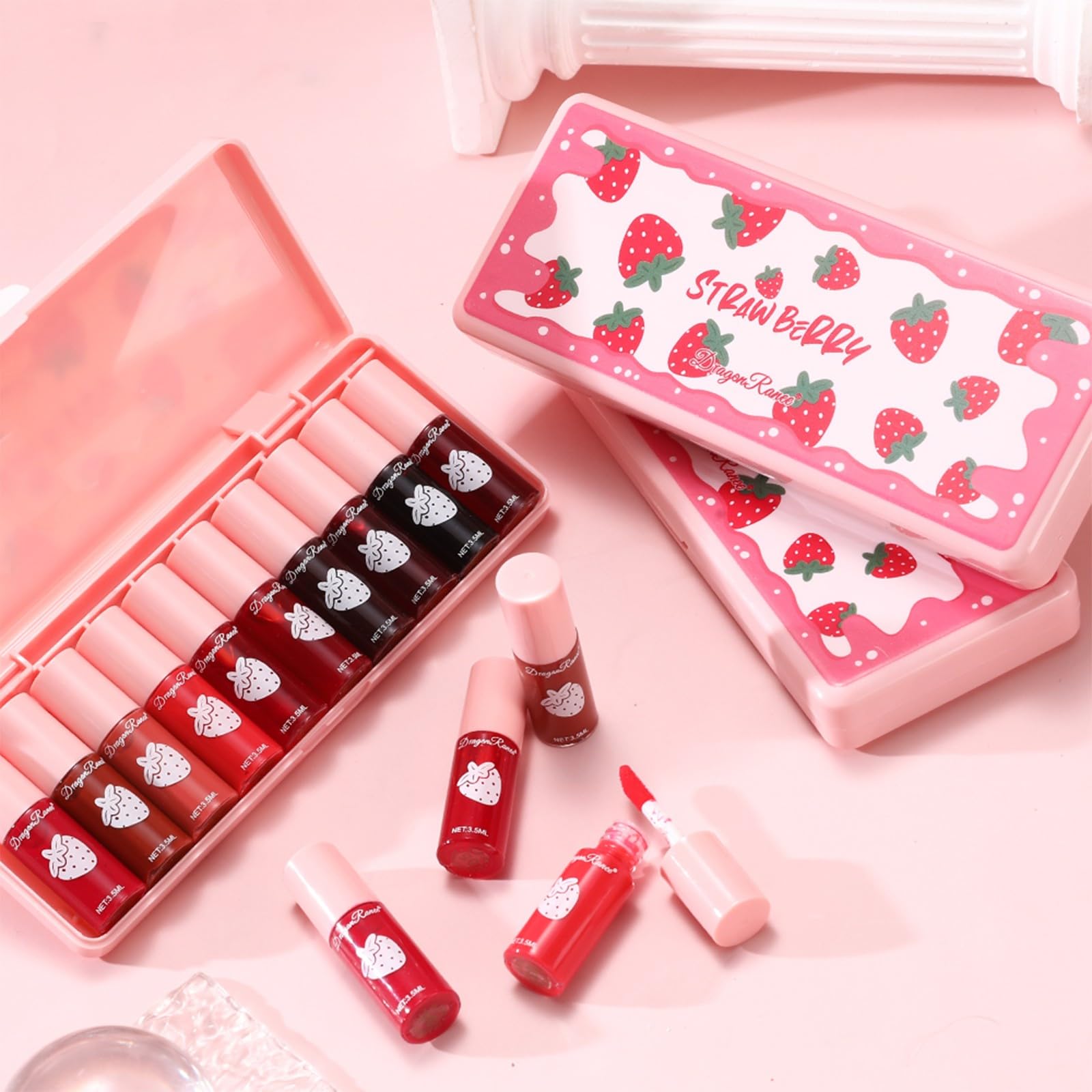 Set mit 10 Lippenstiften mit glänzenden und matten Lippenstiften, mit Mini-Glanz, lang anhaltend und schnell trocknend, ideal als Geschenk für Make-up (Erdbeere, Lipgloss).