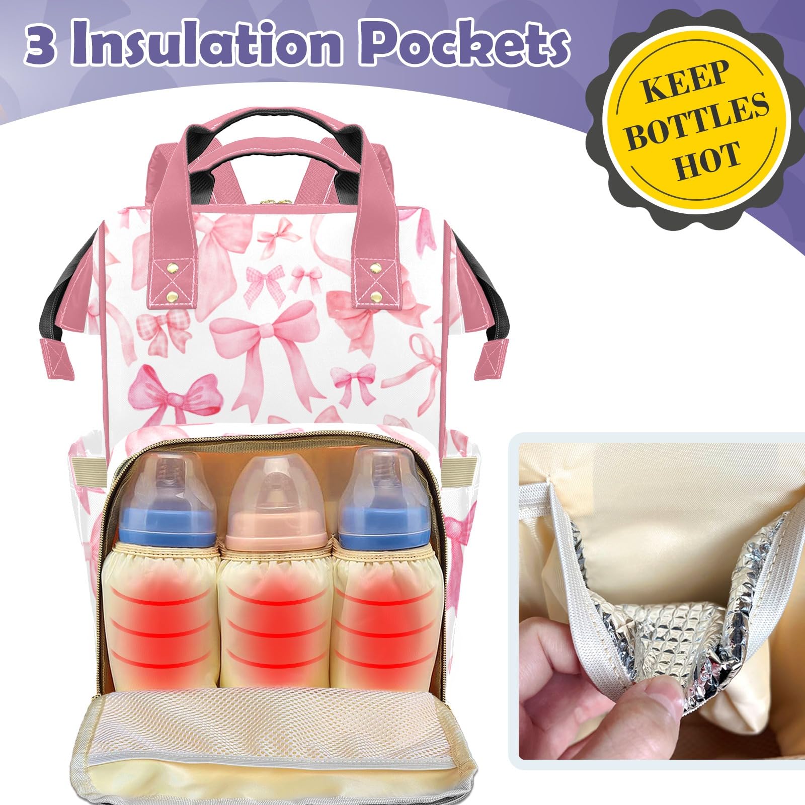 ZAACUSTOM Bow Large Capacity Custom Diaper Bag for Baby Girls Boys with Name Multifunctional Mom Personalized Diaper Bag Backpack Waterproof Women Customized Daypack Nappy Bag