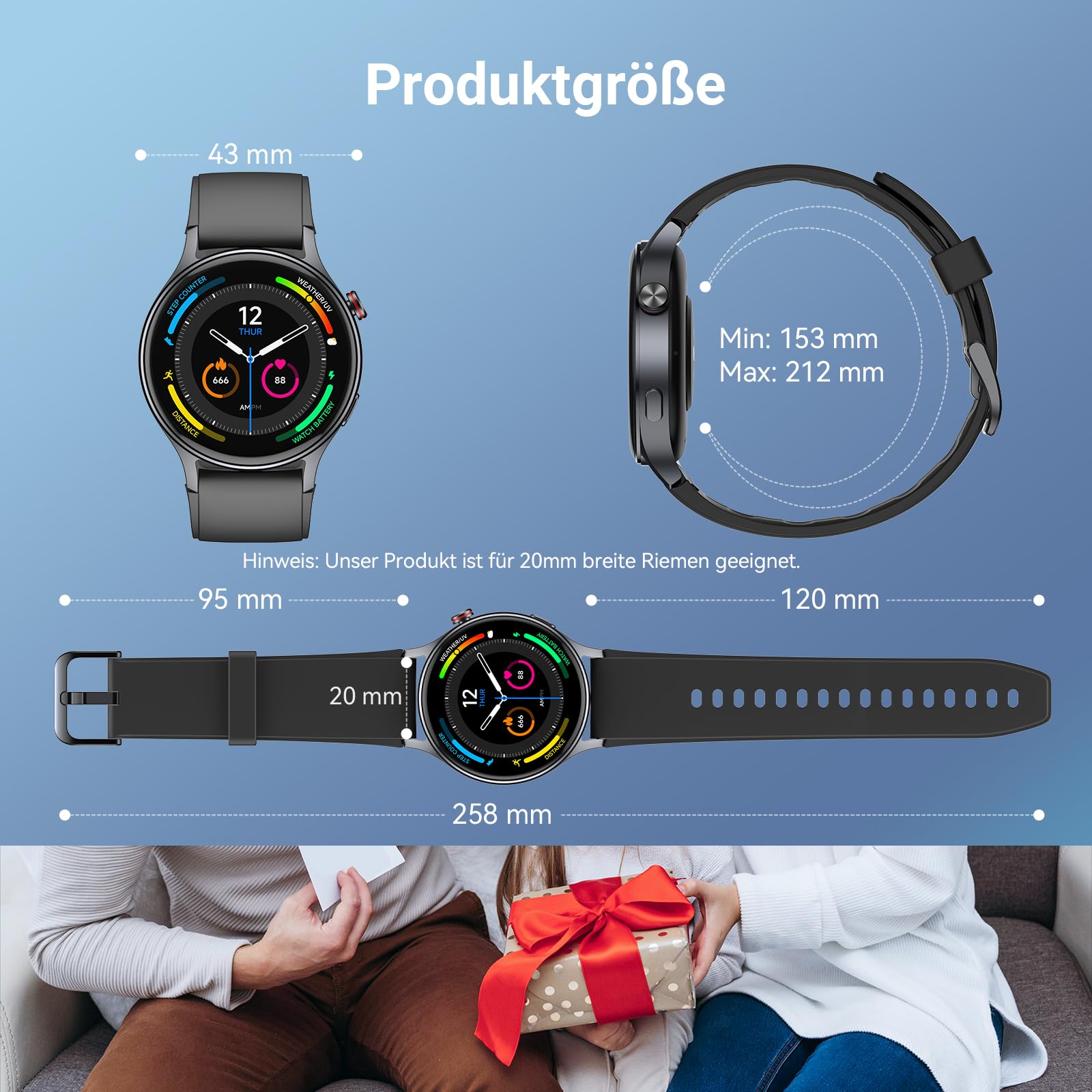 Smartwatch Herren Rund mit Telefonfunktion 1.32" AMOLED Display Fitnessuhr 110+ Sportmodi 3ATM Schrittzähler Pulsmesser SpO2 Schlafmonitor Schwarz