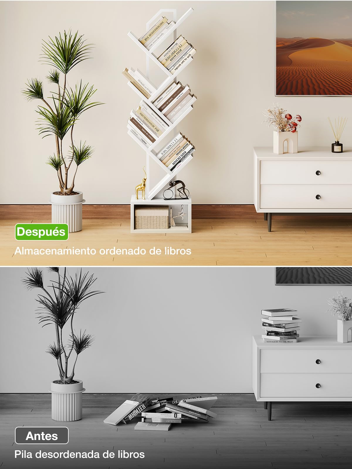 Coleshome Estantería de árbol, Libería de Pie con 6 Niveles, Estantería de Madera Adecuado para Salas y Dormitorios, Blanco