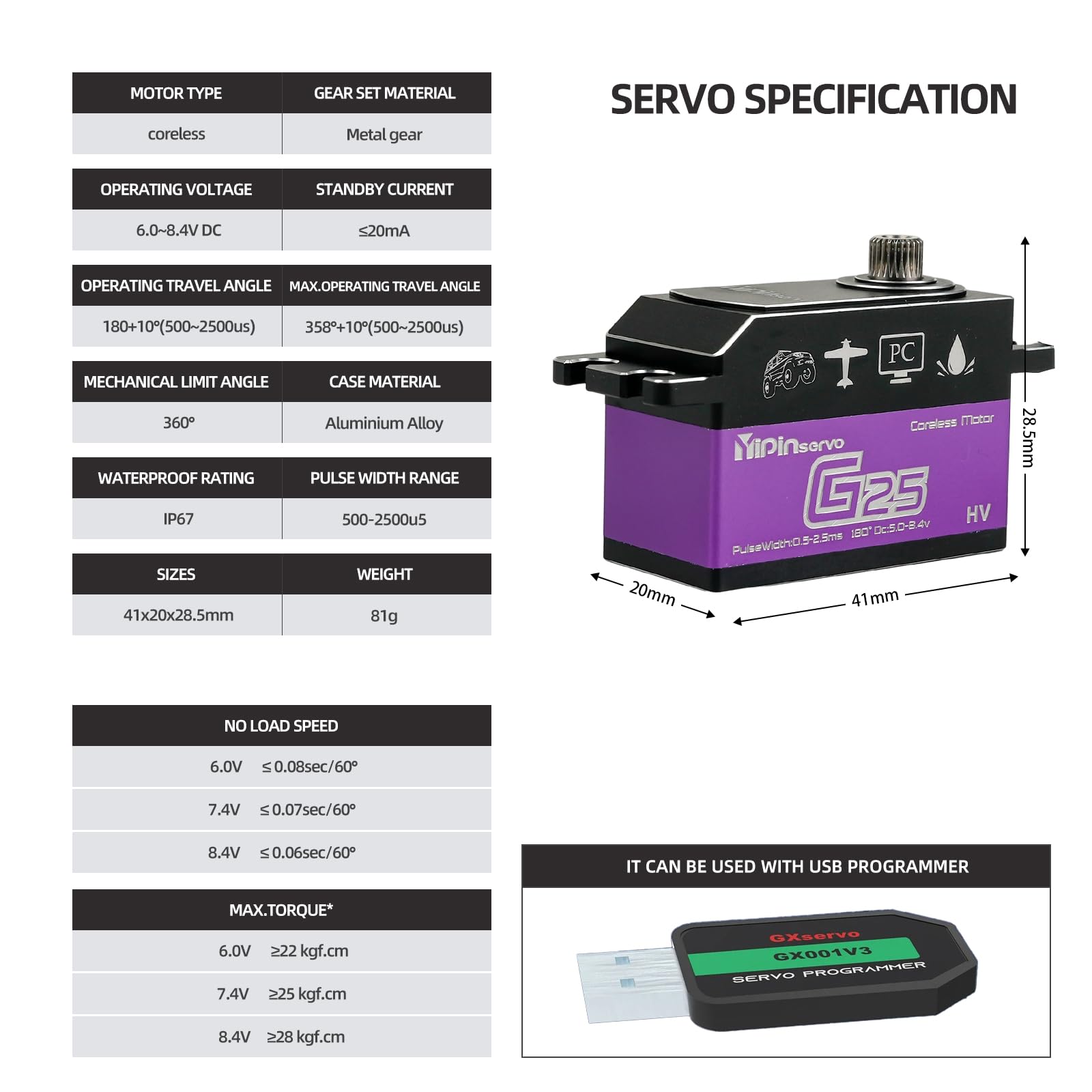 Servo de dirección de alto par de torsión de perfil bajo de 25 kg, engranaje de acero RC Servo 7.4V HV IP67 impermeable, ángulo ajustable de 180/270°, para 1/10 1/12 RC Car Crawlers, camiones