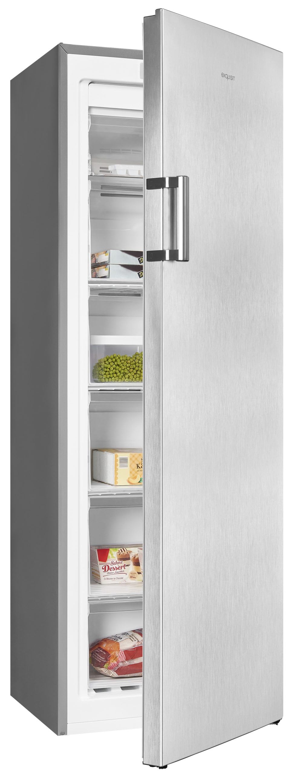 Exquisit® Congelador Vertical 204L, Color Inoxlook, Clase E, Tecnología No-Frost, Control Digital, Congelación Rápida, Puerta Reversible, Alarma Acústica Puerta Abierta, Medidas 170,0x54,5x59,5cm