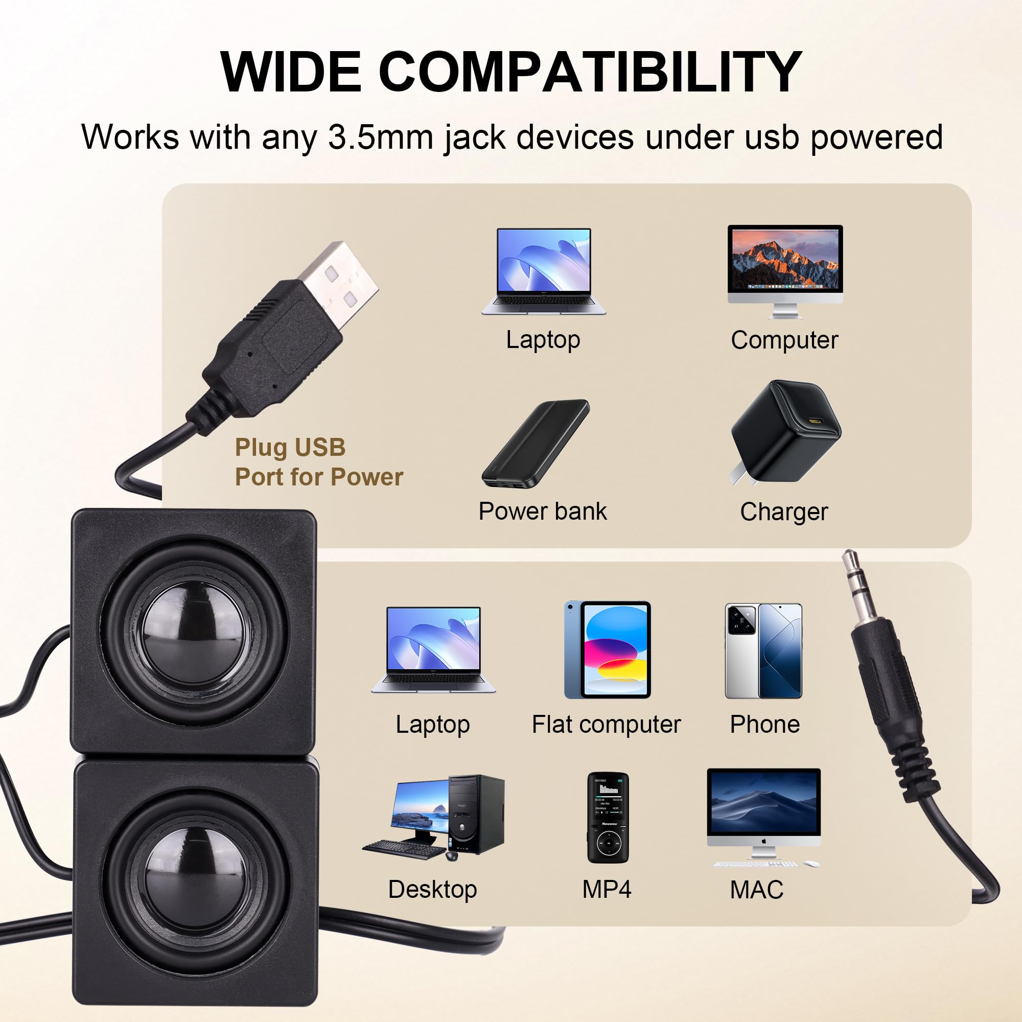 Altoparlanti USB per computer, mini altoparlanti da scrivania, alimentati tramite USB, da 3,5 mm, TRS, con rotella di controllo del volume, per PC, laptop, tablet, telefono