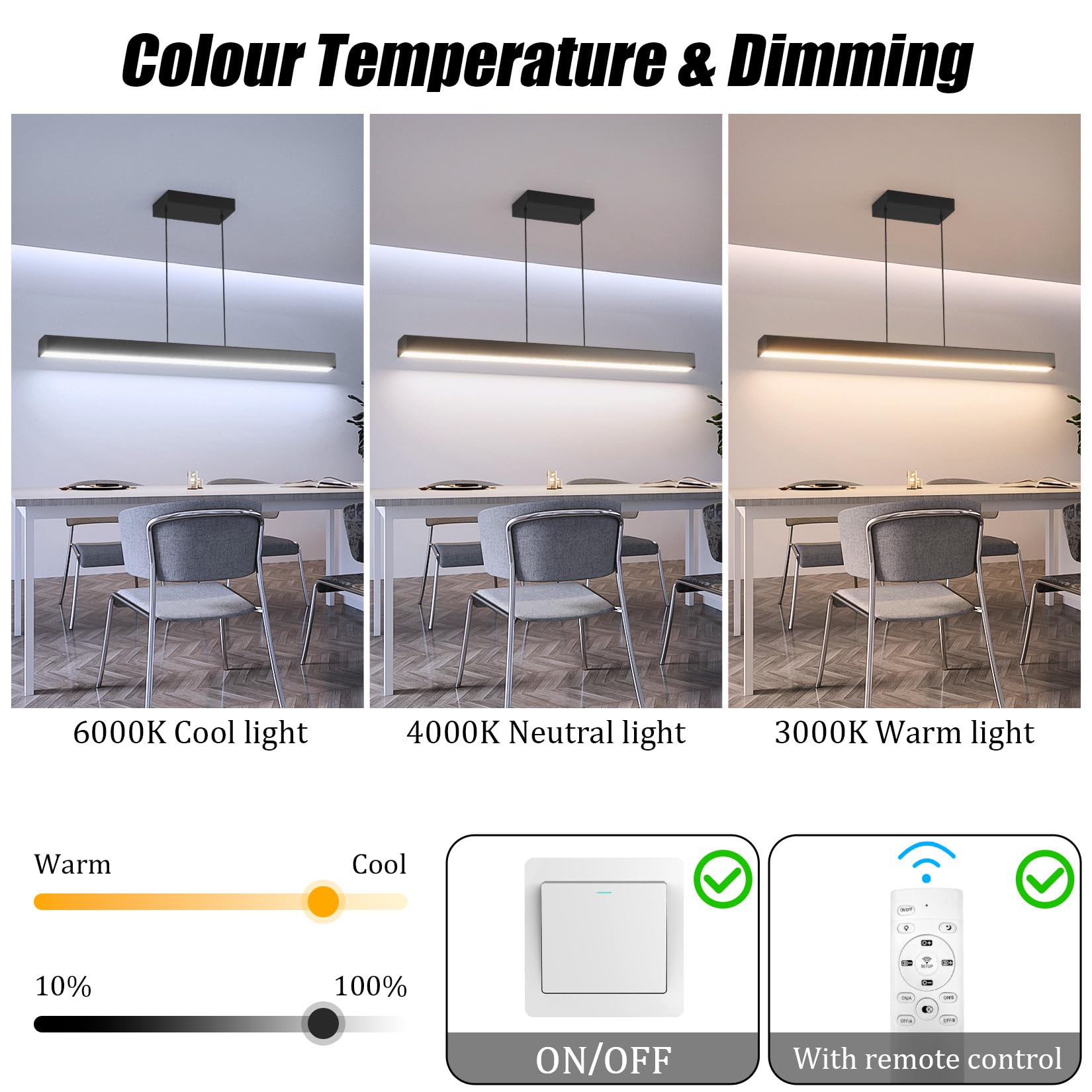 LED Pendelleuchte, 36W, Hängeleuchte mit Fernbedienung, 3000K-6000K drei Farbtemperaturen einstellbar, moderne Pendelleuchte für Wohnzimmer Schlafzimmer, Länge 100cm, Schwarz