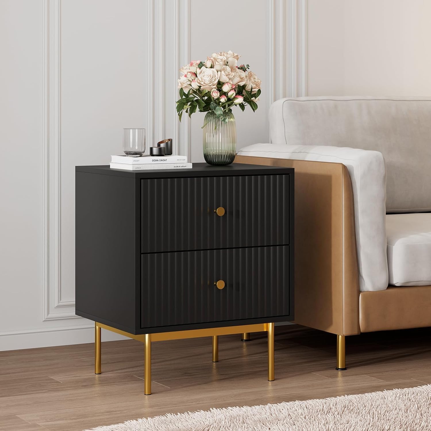 Black Nightstand with 2 Drawers, Fluted Nightstand Set of 2, Sofa Side Table, Bedside Table for Bedroom, Curved Profile Design 2 Black