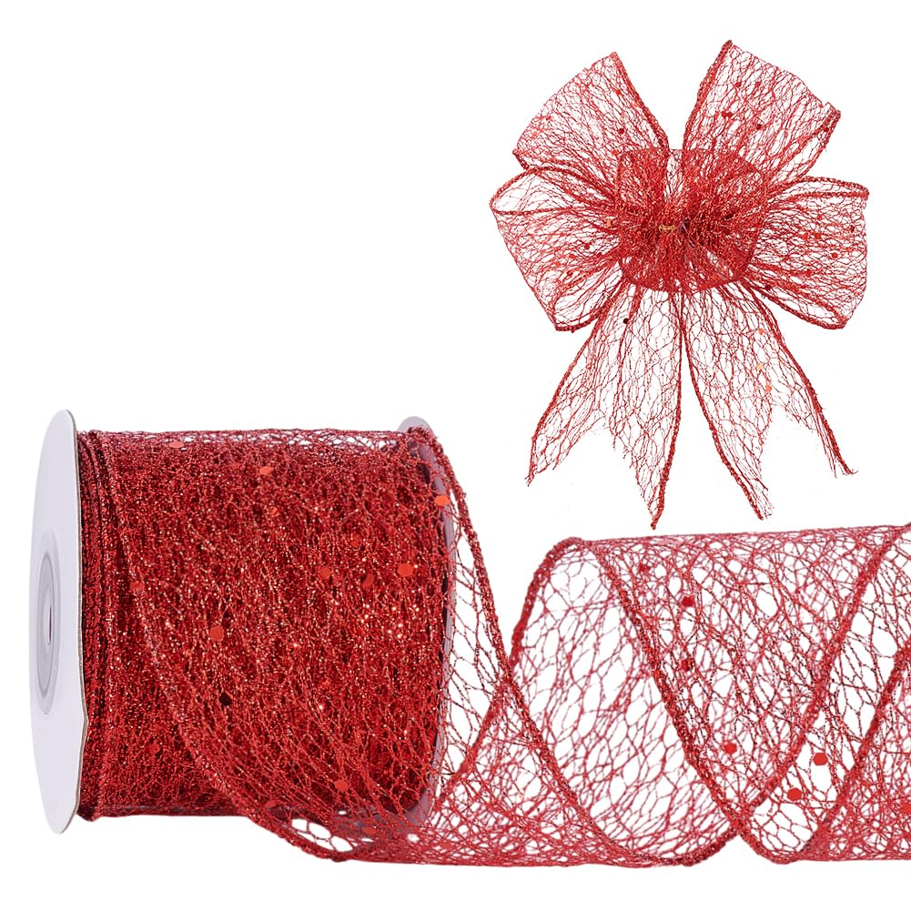 NBEADS 10 Yards Sparkling Glitter Mesh Ribbon, 6.3cm Wide Christmas Wired Edge Ribbon Sparkling Fabric Ribbon for Home Decor Bow Gift Wrapping Sewing Accessories, Red