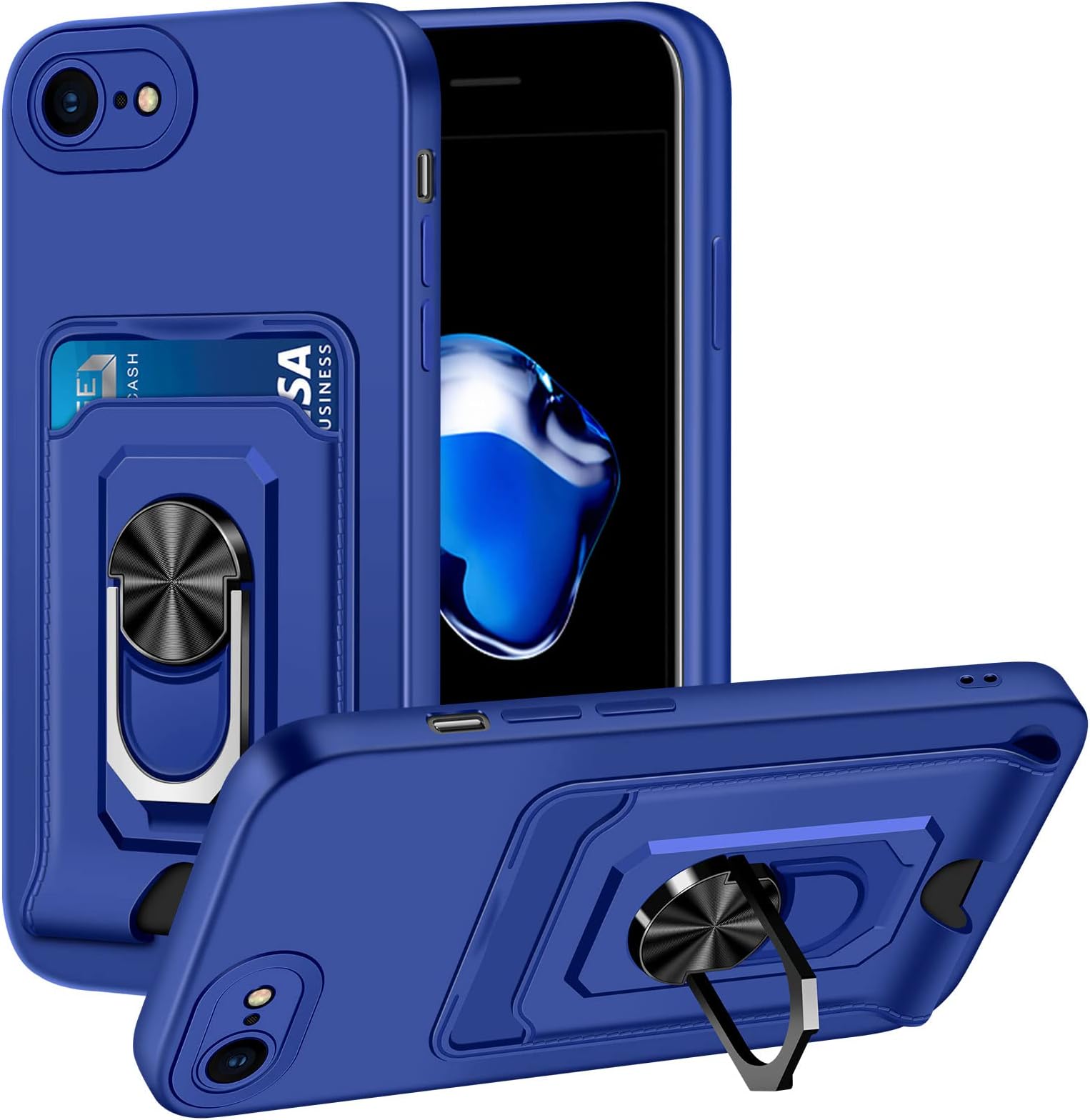 Aolcev for iPhone 7/8 Case iPhone SE 2020/2022 Case Wallet Case with Card Holder Ring Kickstand Shockproof Case Slim Soft TPU Bumper Protective Phone Case Cover for iPhone 7/8/SE 2020/SE 2022-Navy