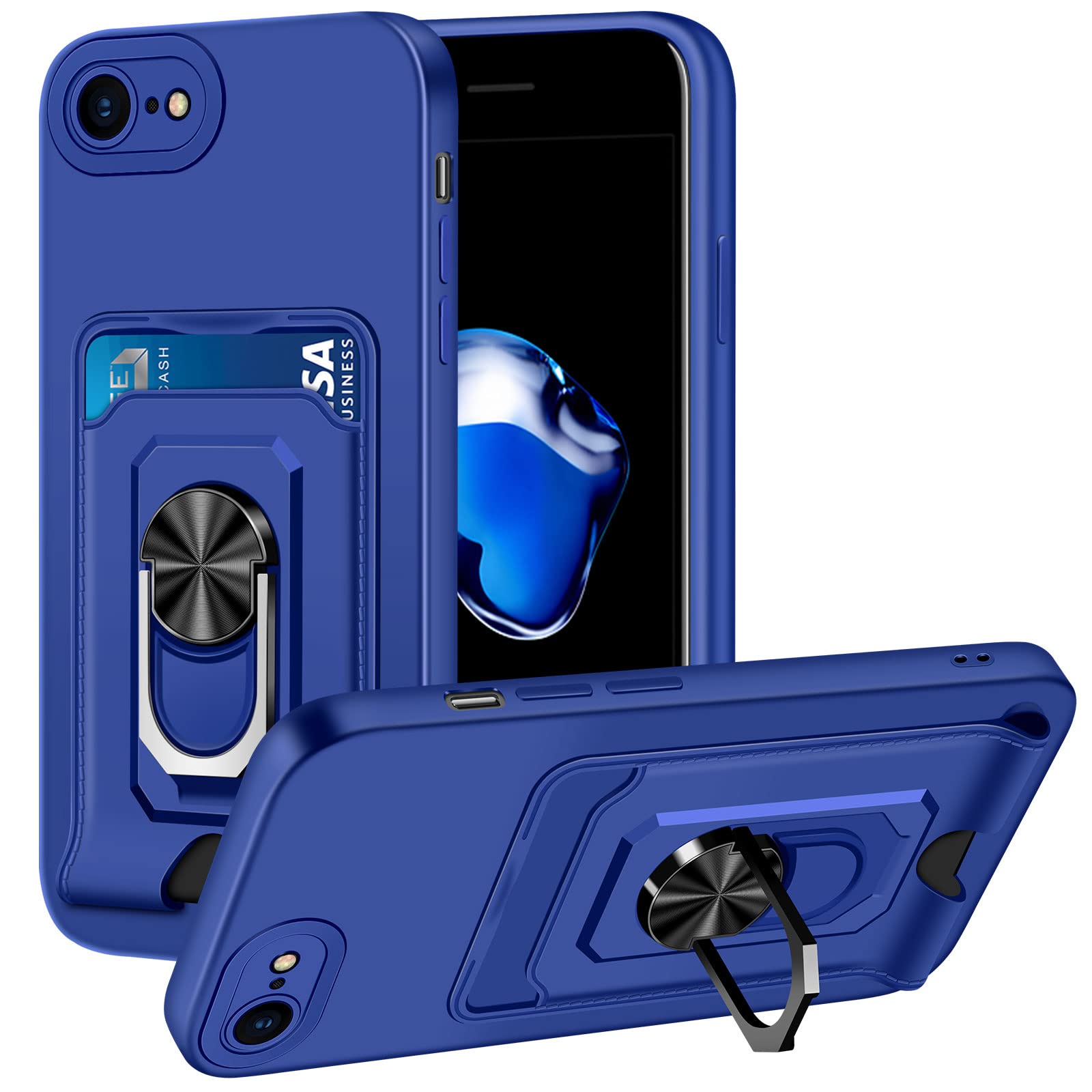 Aolcev for iPhone 7/8 Case iPhone SE 2020/2022 Case Wallet Case with Card Holder Ring Kickstand Shockproof Case Slim Soft TPU Bumper Protective Phone Case Cover for iPhone 7/8/SE 2020/SE 2022-Navy
