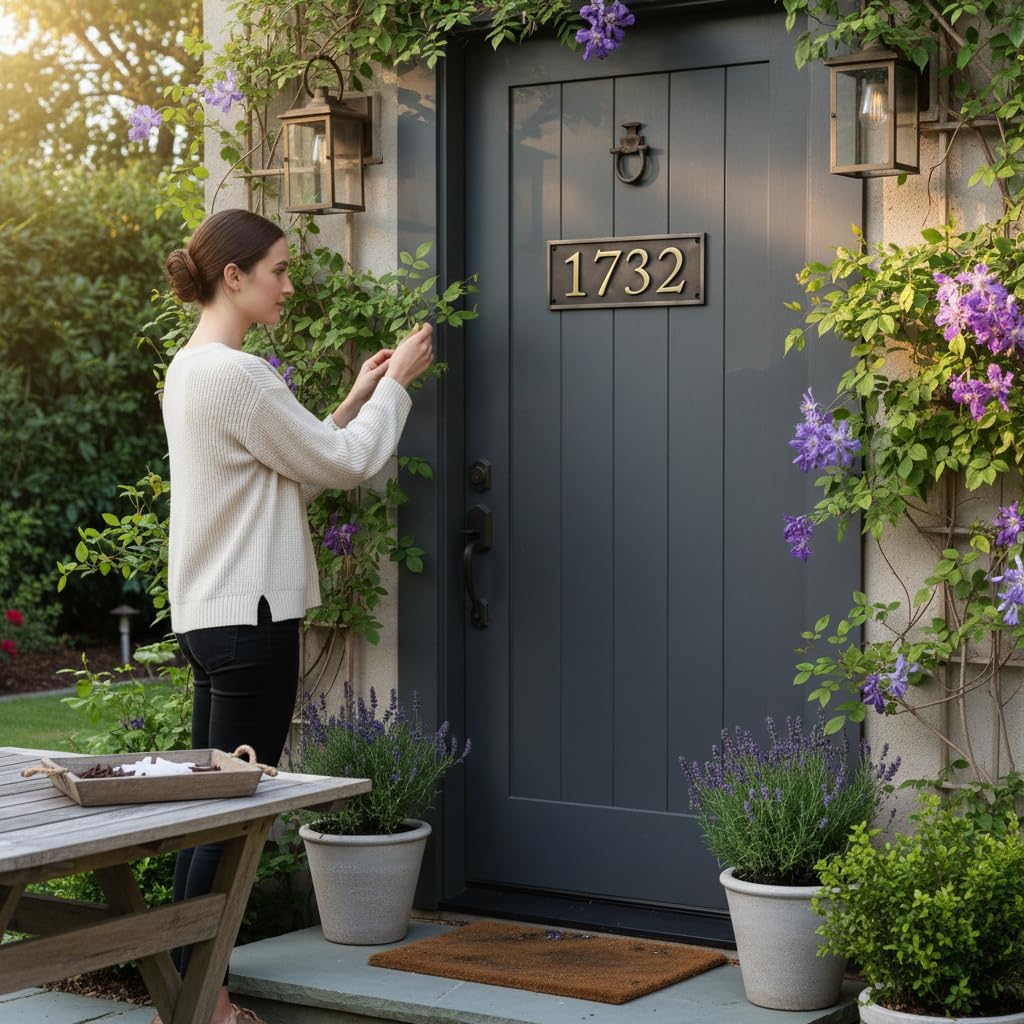 Personalized Black Address Plaque with Matte Brass Numbers – Custom House Number Sign for Front Door, Outdoor Wall or Entryway, Modern Home Address Plate (12"x25"Inches)