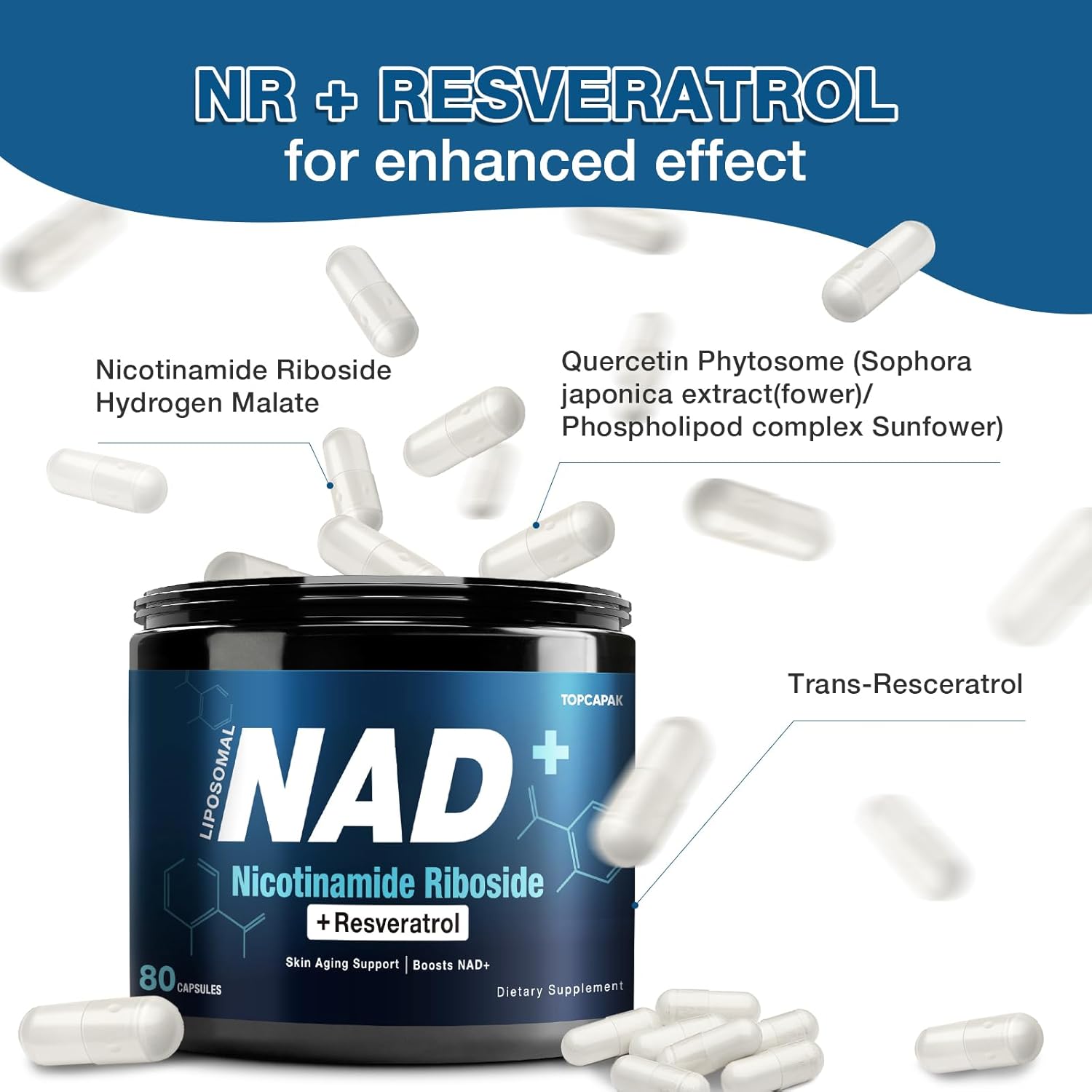NAD+ Supplement 1000mg - Nicotinamide Riboside (NR) and Resveratrol, Liposomal NAD of Pure Organic Ingredients for Women & Men Healthy Aging, Brain and Cellular Energy, 80 Capsules(2Pcs)