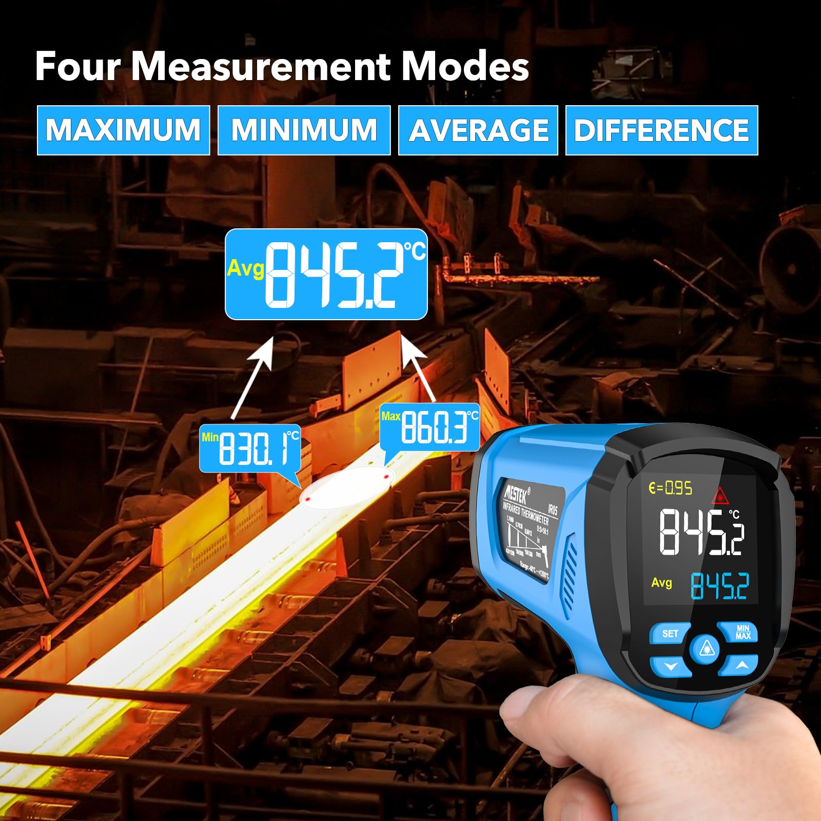 Termómetro Infrarrojos MESTEK -40~1600℃ Medidor de Temperatura Sin Contacto con Emisividad Ajustable