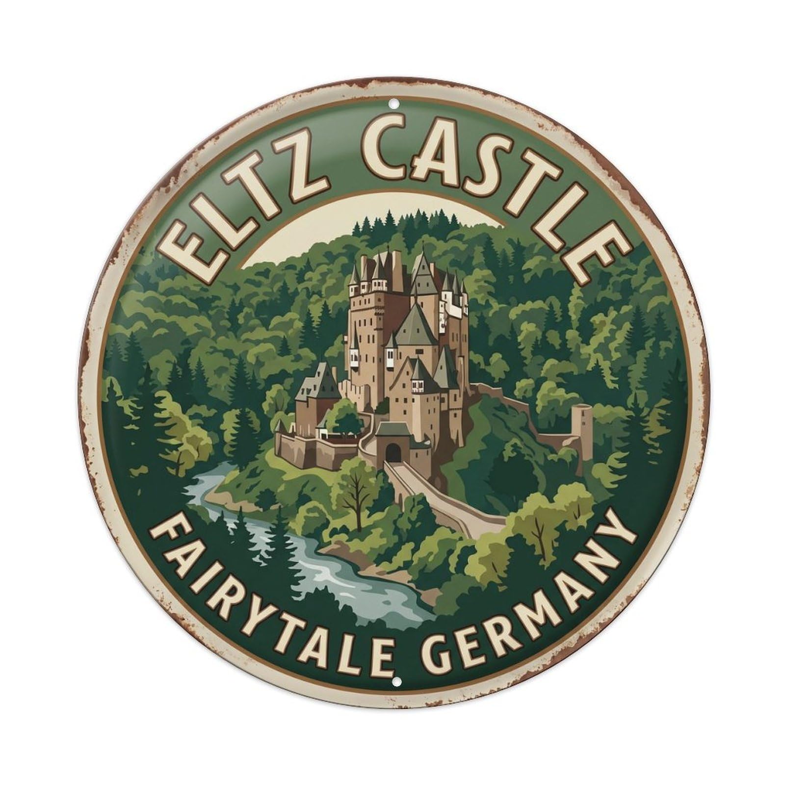Eltz Castle Fairytale Germany Forest Metal Tin Sign Plaque Wall Decor for Cafe, Club, Garden Round Metal Poster 8x8Inch