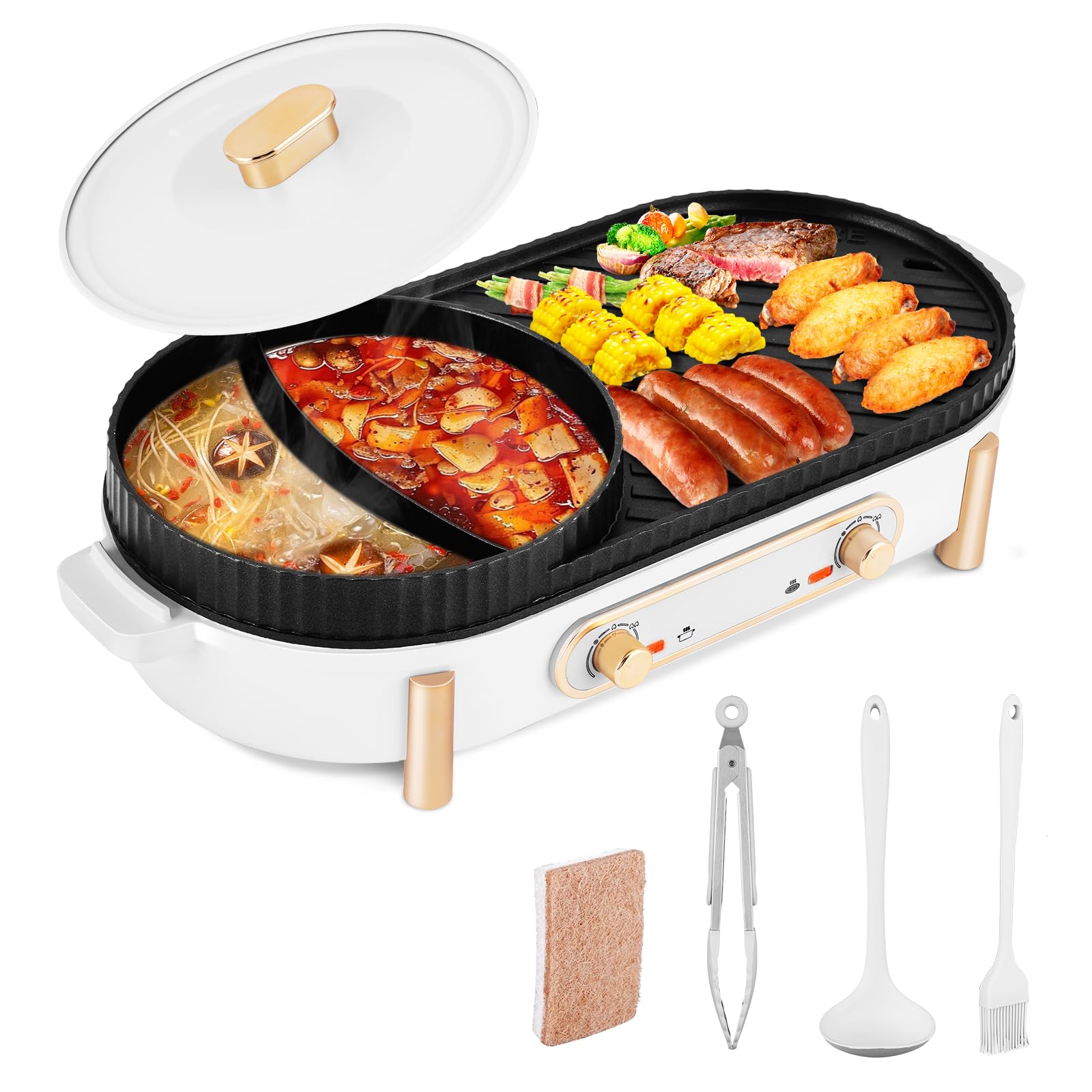 YJINGRUI Hot Pot électrique 2200W gril électrique Hot Pot Grill 2 en 1 pot hotpot et plaque de gril avec 2 réglages de température indépendants pour 3-12 personnes