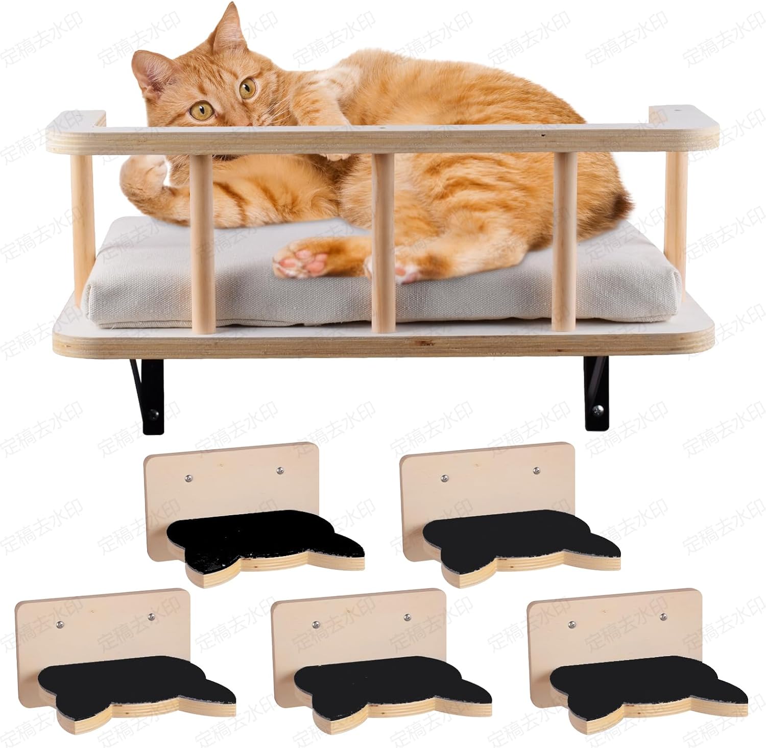 Large Cat Wall Shelves with 5 Steps - Heavy Duty Cat Wall Furniture, Climber, Shelves & Perches with Comfy Cushion & Guardrails, Space-Saving for Indoor Cats(Grey)