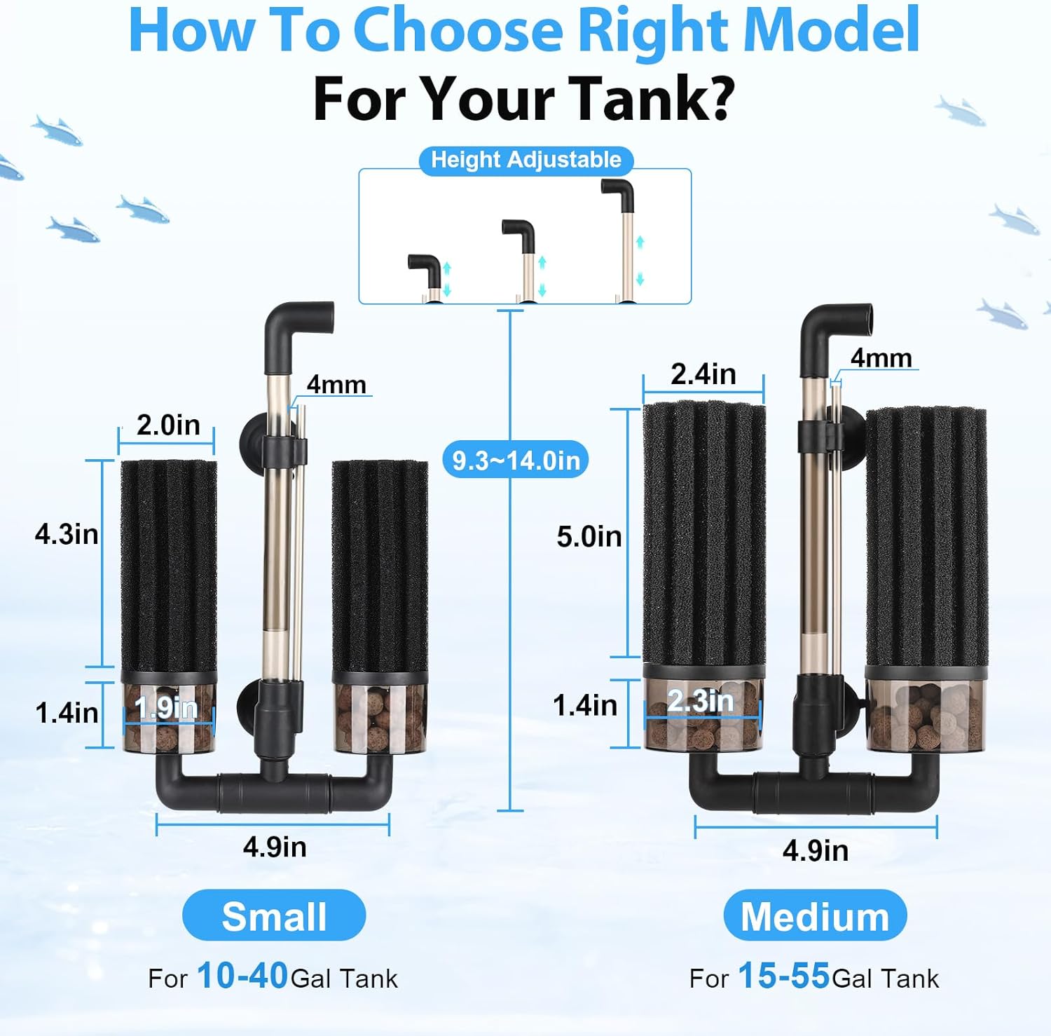 hygger Aquarium Double Sponge Filter: Upgraded Sponge Filter with Larger Filtration Area, Come with Extendable Clip, 2 Spare Biochemical Sponges, Bioceramic Balls, for Freshwater Saltwater Tank - S