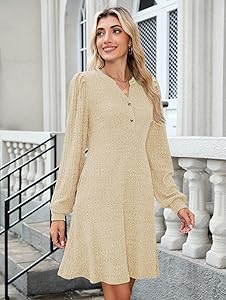 ZAFUL Womens Long Sleeve Fall Dresses with Pockets V Neck Button Casual Bodydoll Knit Sweater Dress 2025