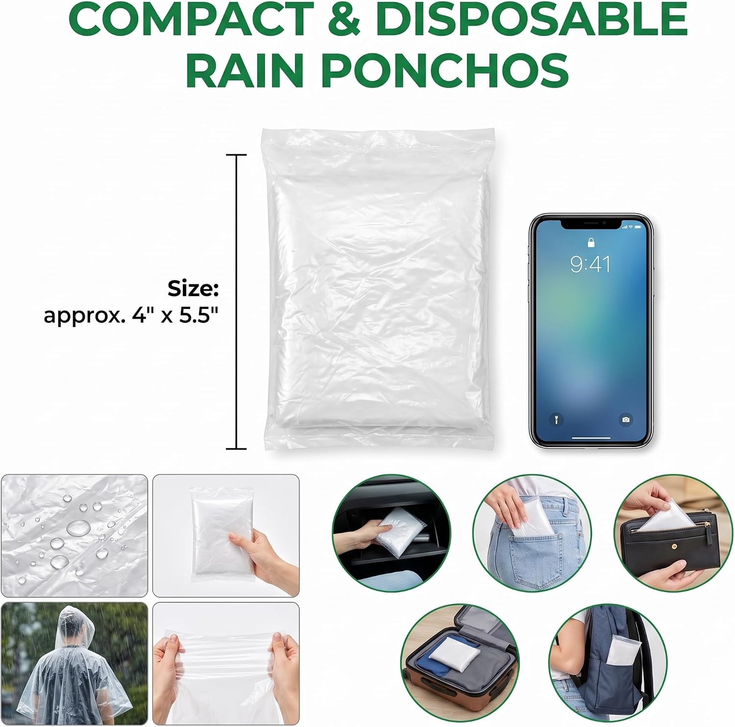 50 Pack Disposable Rain Ponchos with Hood, Rain Poncho Family Pack for Adult, Emergency Rain Ponchos for Women and Men, Plastic Raincoat for Camping Hiking Outdoors