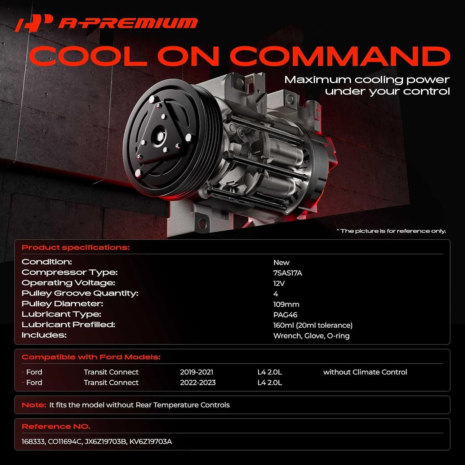 A-Premium Air Conditioner AC Compressor with Clutch Compatible with Ford Transit Connect 2.0L 2019-2023