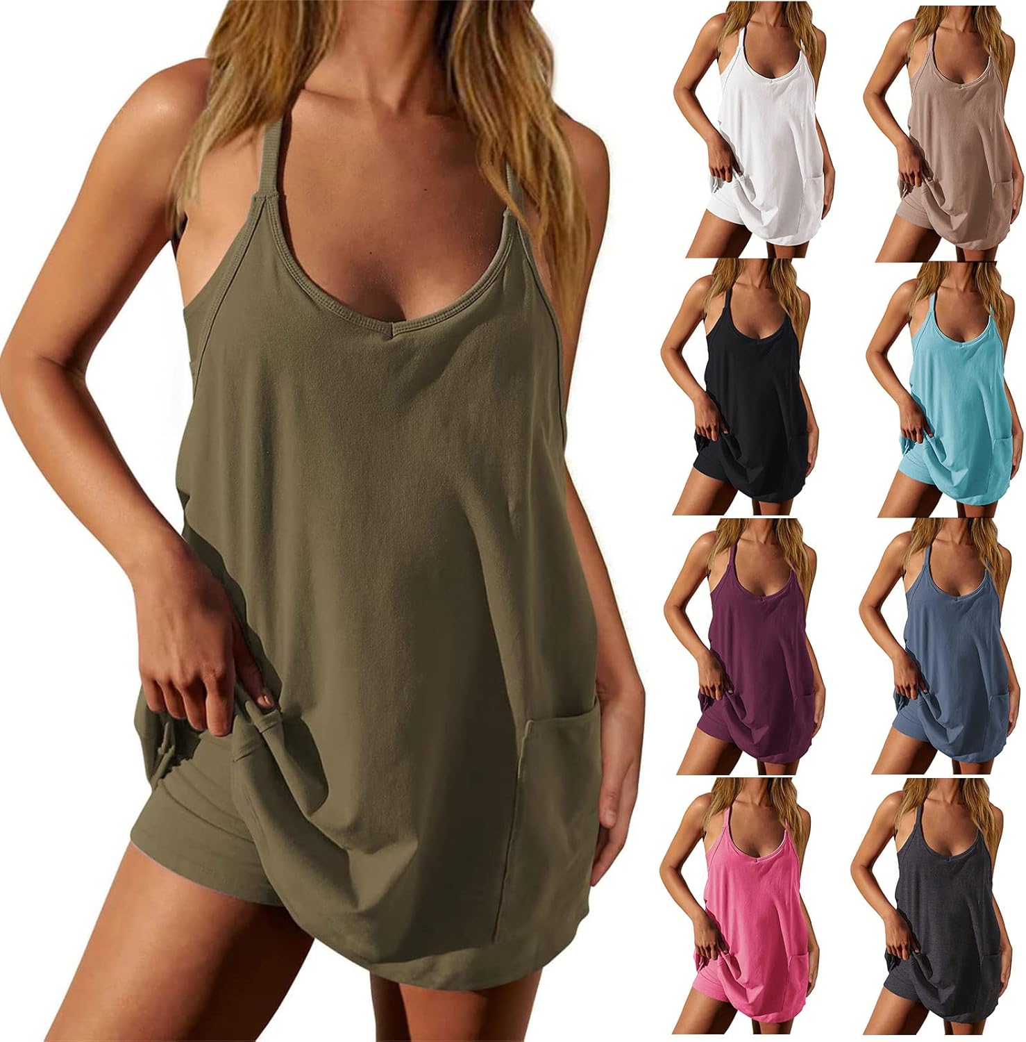 Summer Dresses for Women Sleeveless Spaghetti Strap Mini Dress with Built in Shorts Pockets Workout Tennis Sundress - Image 3