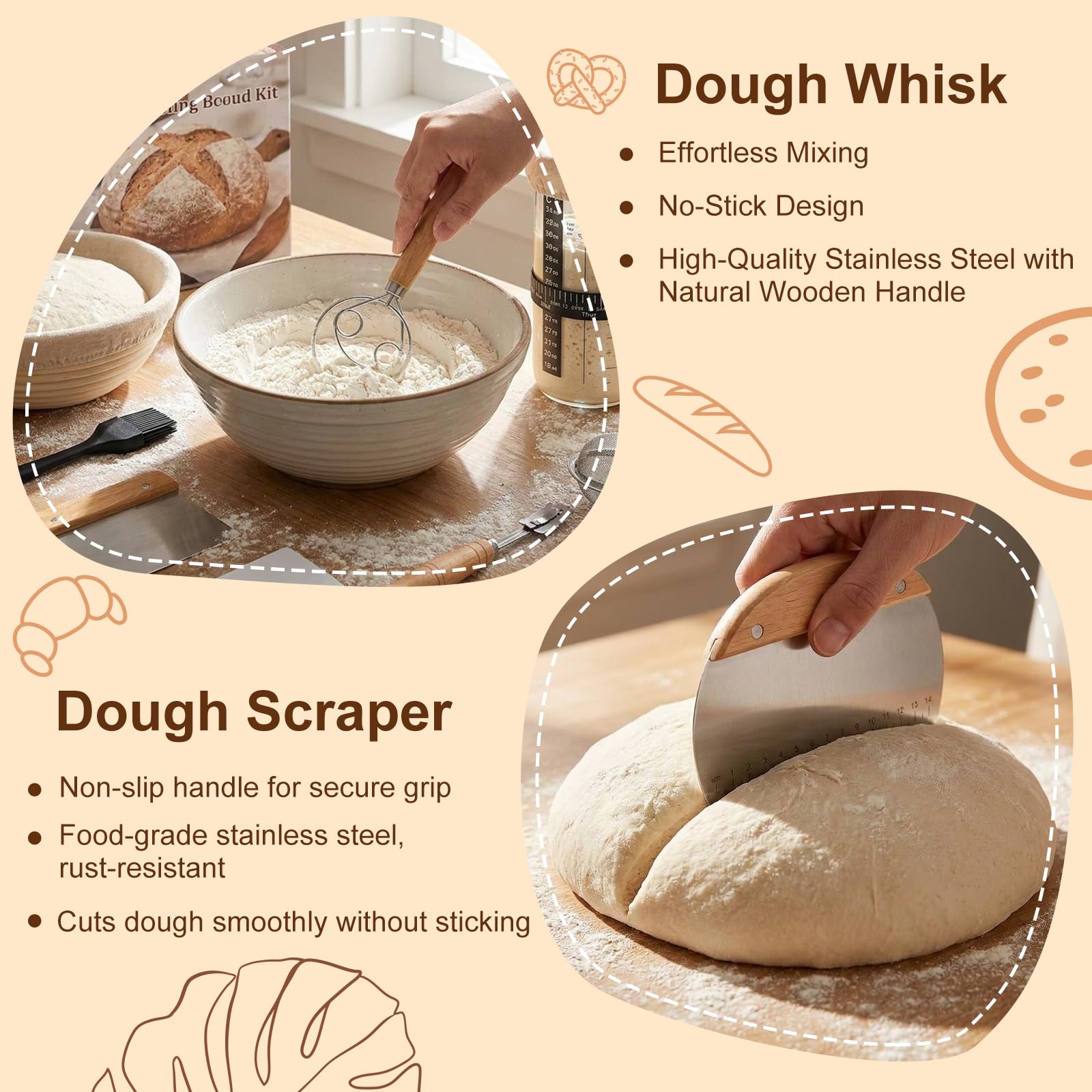 Kit Cestino da Lievitazione per Pane, Banneton Rotondo 10 Pollici con Frusta per Impasto, Raschietto, Spatola, Pennello, Setaccio, Vasetto 900ml
