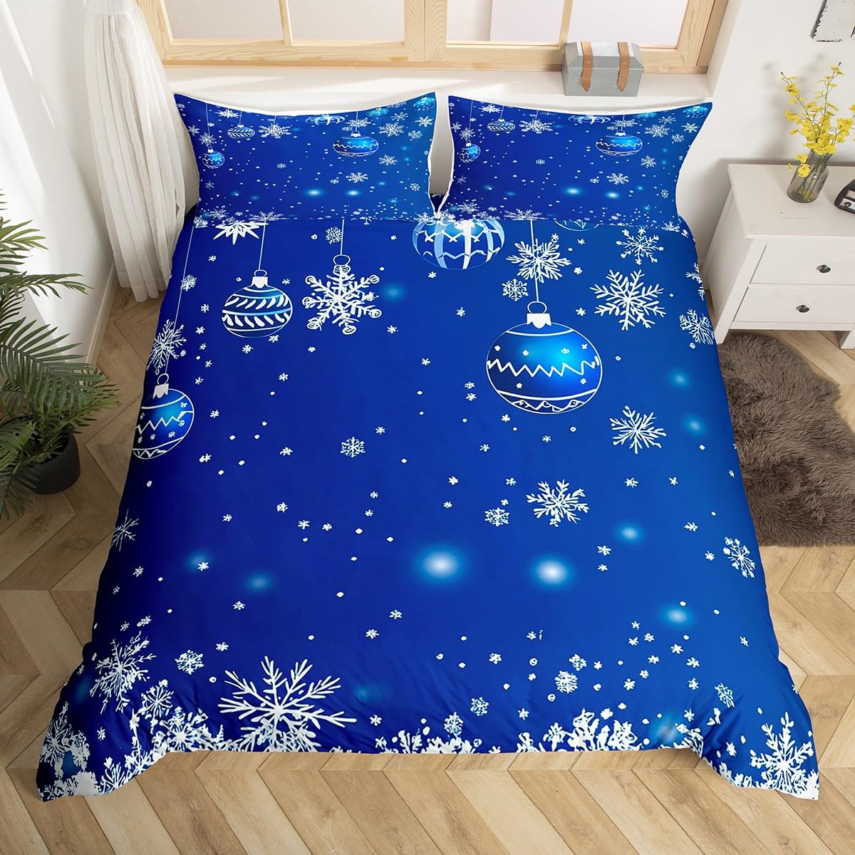 Erosebridal White Snowflake Duvet Cover Blue Gradient Bedding Set 3 Piece Merry Christmas Comforter Cover Happy New Year Gifts Xmas Bedspread Cover