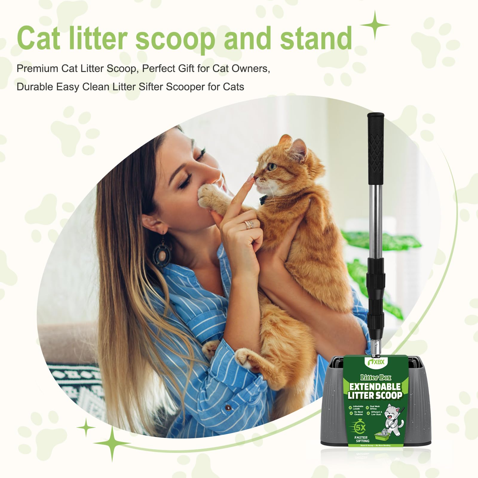 XBX Cuchara de arena para gatos de mango largo con soporte, pala de arena de metal extensible ajustable, tamiz de pala de acero inoxidable para limpieza de cajas de arena, pala duradera para uso