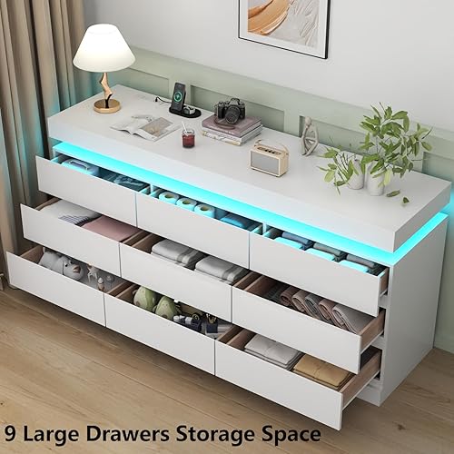 Miniatura 5 de Cómoda de 9 cajones con toma de corriente, cómoda con luz LED, cómoda moderna para armario, gabinete organizador de cajones doble ancho para