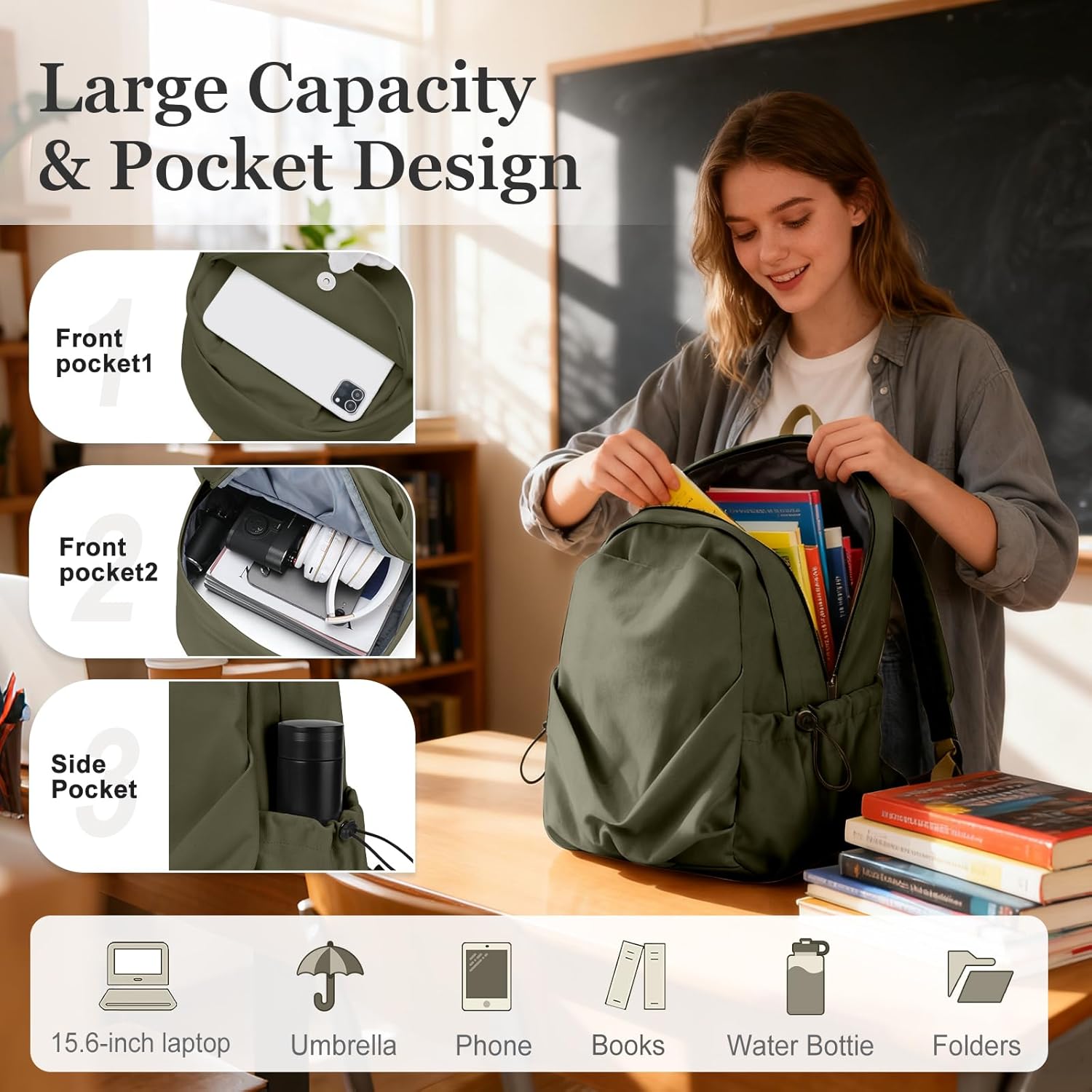 weradar Basic School Backpack For Women Men,Lightweight Casual Daypack College Backpack,Aesthetic Middle School Bag,Bookbag For Teen Girls Boys,Small Canvas Travel Backpack(Green) - Image 3