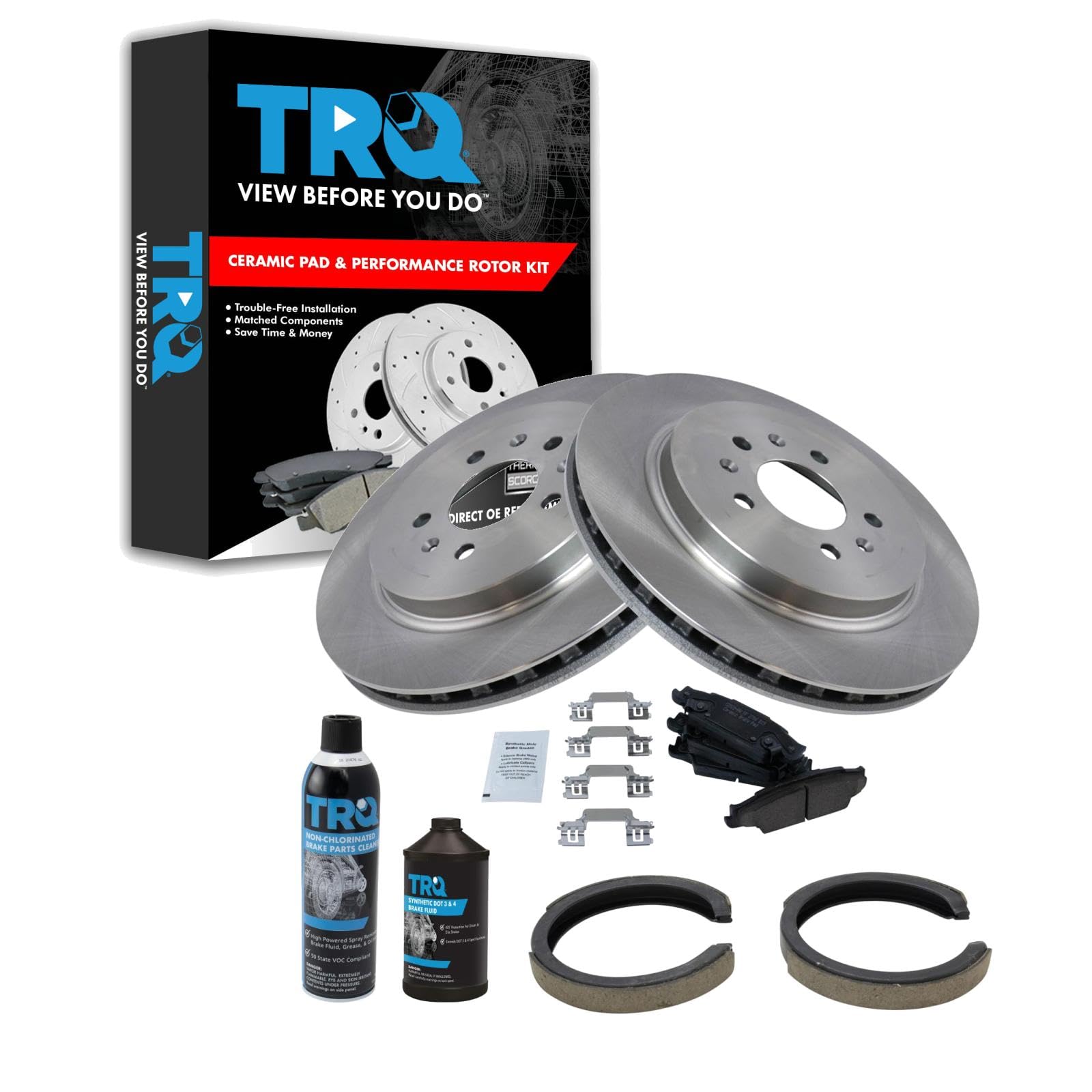 TRQ Rear Brake Pad &amp; Rotor Kit, with Chemical Kit Parking Brake Shoe Set Ceramic Compatible with 2005-2010 Cadillac STS