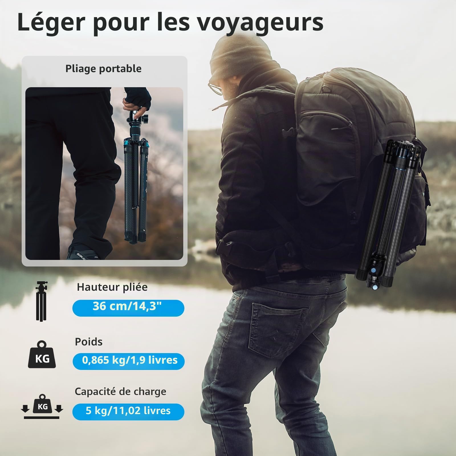 SIRUI Trépied en Fibre de Carbone avec Rotule Panoramique B-00K, 59.8'' Trépied de Voyage Compact, Jambes Pliables à l'envers à Déclenchement Rapide, Colonne Centrale Réversible, Charge Max 22lbs.