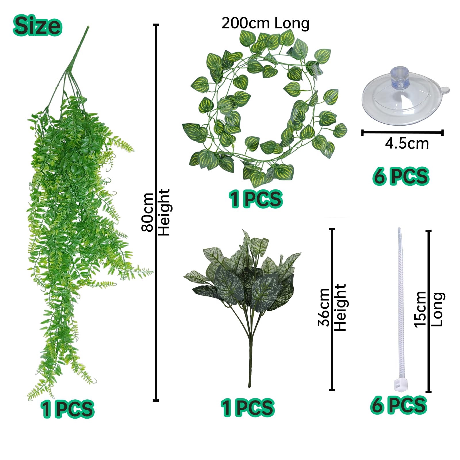 4-en-1 Plantes Suspendues et Hamac pour Reptiles – Ensemble de Décoration de Terrarium pour Reptiles avec Lianes Flexibles & Ventouses – Idéal pour Lézard, Caméléon, Gecko, Tortue (Vert)