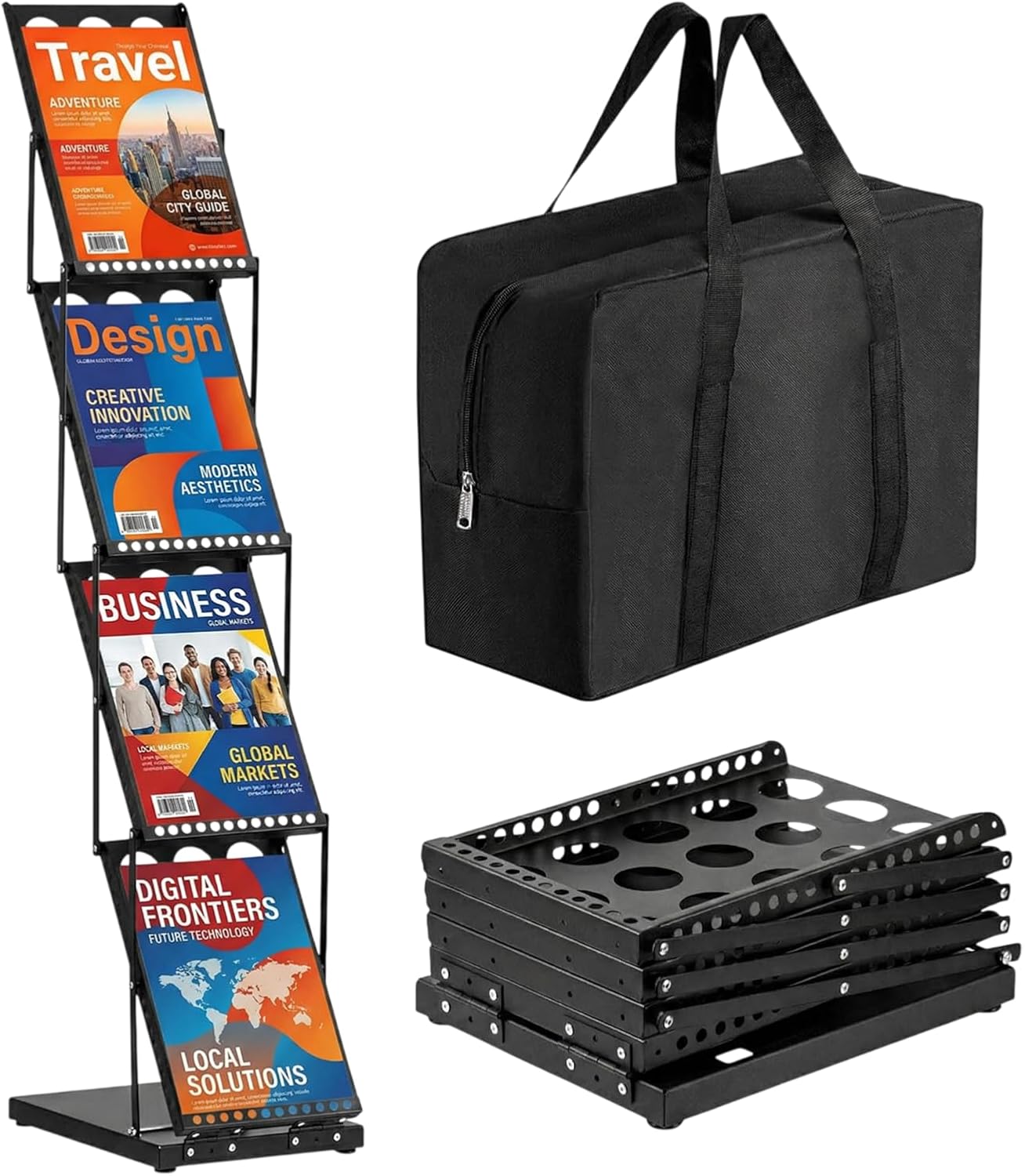 Brochure Display Stand Foldable Magazine Rack Metal Brochure Holder Literature Rack with Carrying Bag Portable 4 Pockets Literature Stand for Exhibition Trade Show and Office Store (Black)