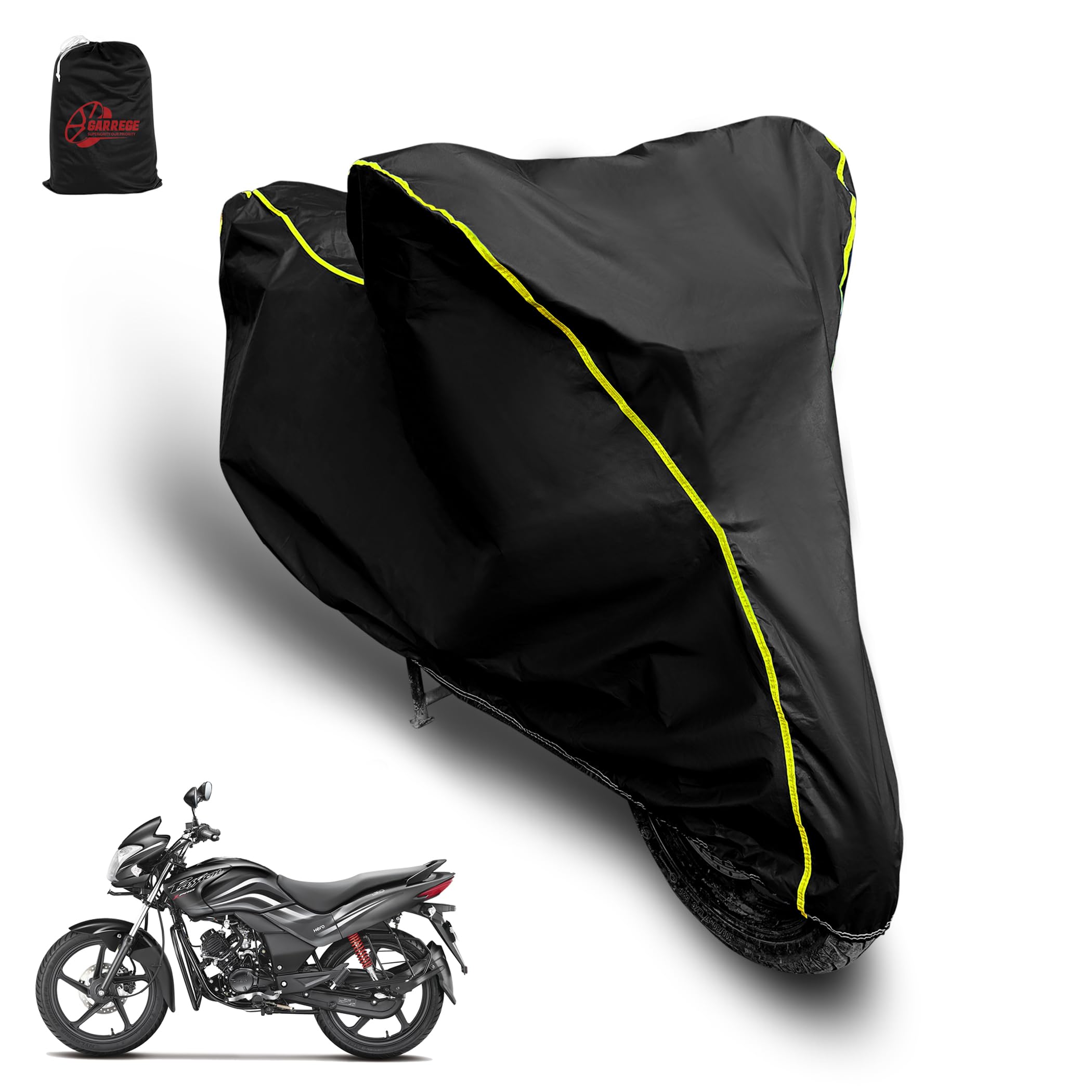 AUTOBIRSA Waterproof Two Wheeler Cover for Hero Passion Pro Bike | UV Proof, Heat Resistant & All Weather Protection | Black & Yellow Piping Color | Durable & Triple Stitched - Custom Fit Cover