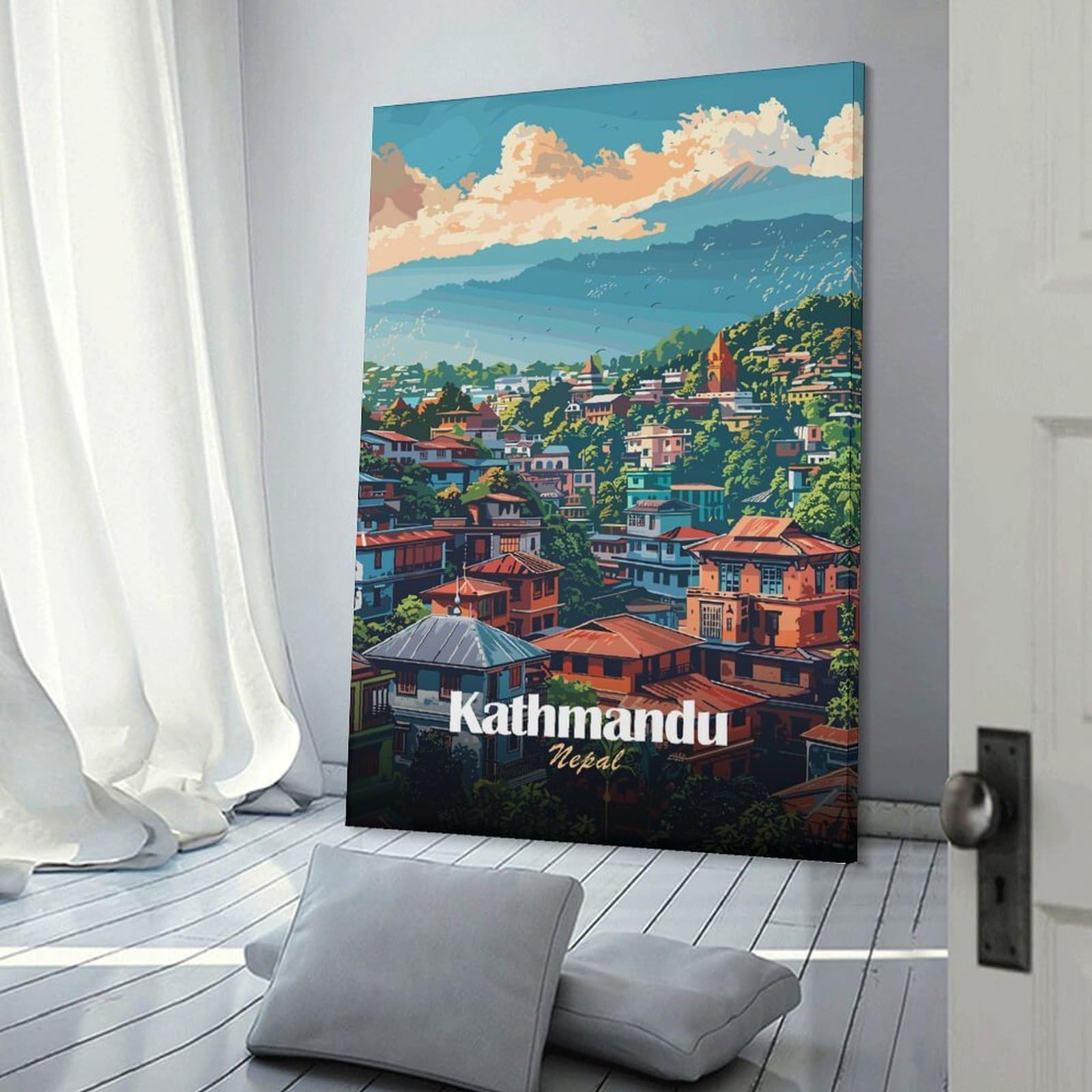Junmoney Hanging Wall Art Kathmandu, Nepal Cityscape Illustration, 24x36inch(60x90cm), for Wall Displays, Bedrooms Or Room Updates, Decorative Artwork with Flexible Styling