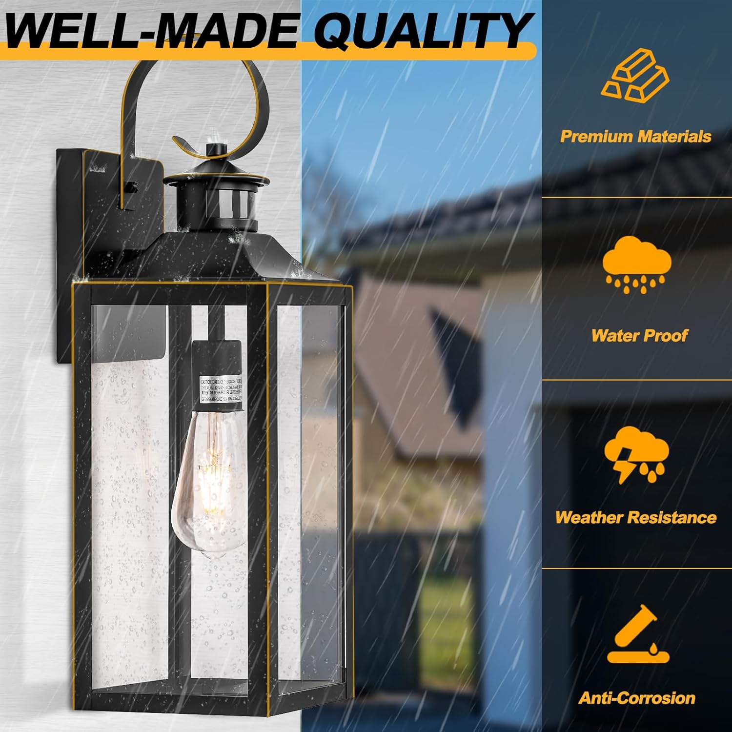 Large Motion Sensor Outdoor Wall Light 20" - Black Dusk to Dawn Outdoor Lighting, Modern Wall Mount Light Fixture, Waterproof Porch Light Fixture for Outside House Garage, 3 Modes (with Gold Trim)