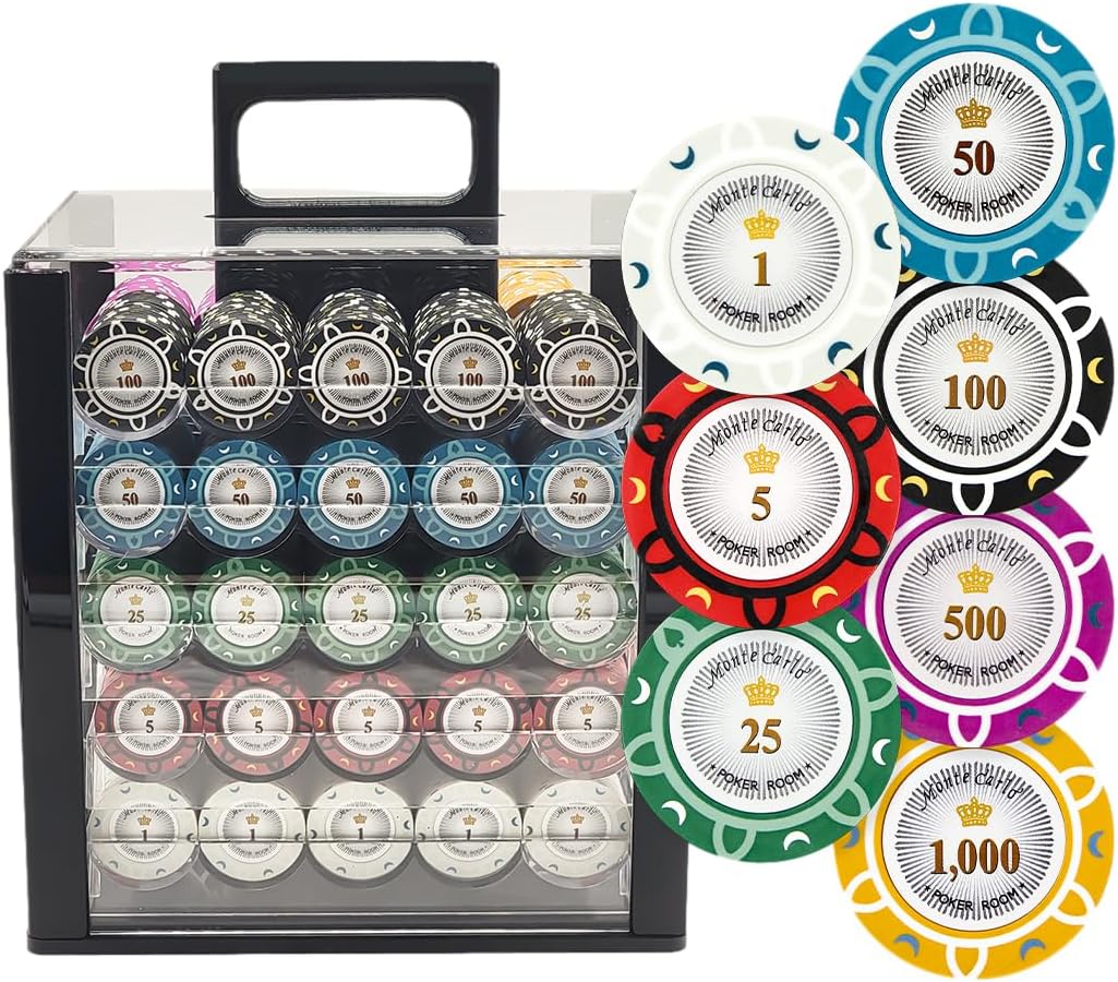 MRC POKER 1000pcs 13.5g Monte Carlo Poker Room Poker Chips Set with Deluxe Black Case Custom Build