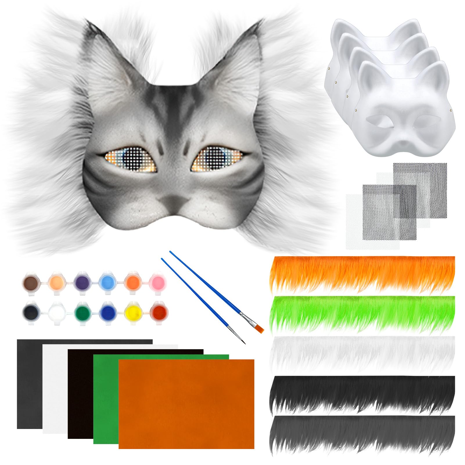 Maschera Therian, Kit Maschera Gatto Therian da 23 Pezzi, Maschera Pelosa, Maschera Gatto, Foglio di Tessuto in Feltro Autoadesivo 5 Colori con 4 Pezzi Retine per Occhi per Halloween Mascherata